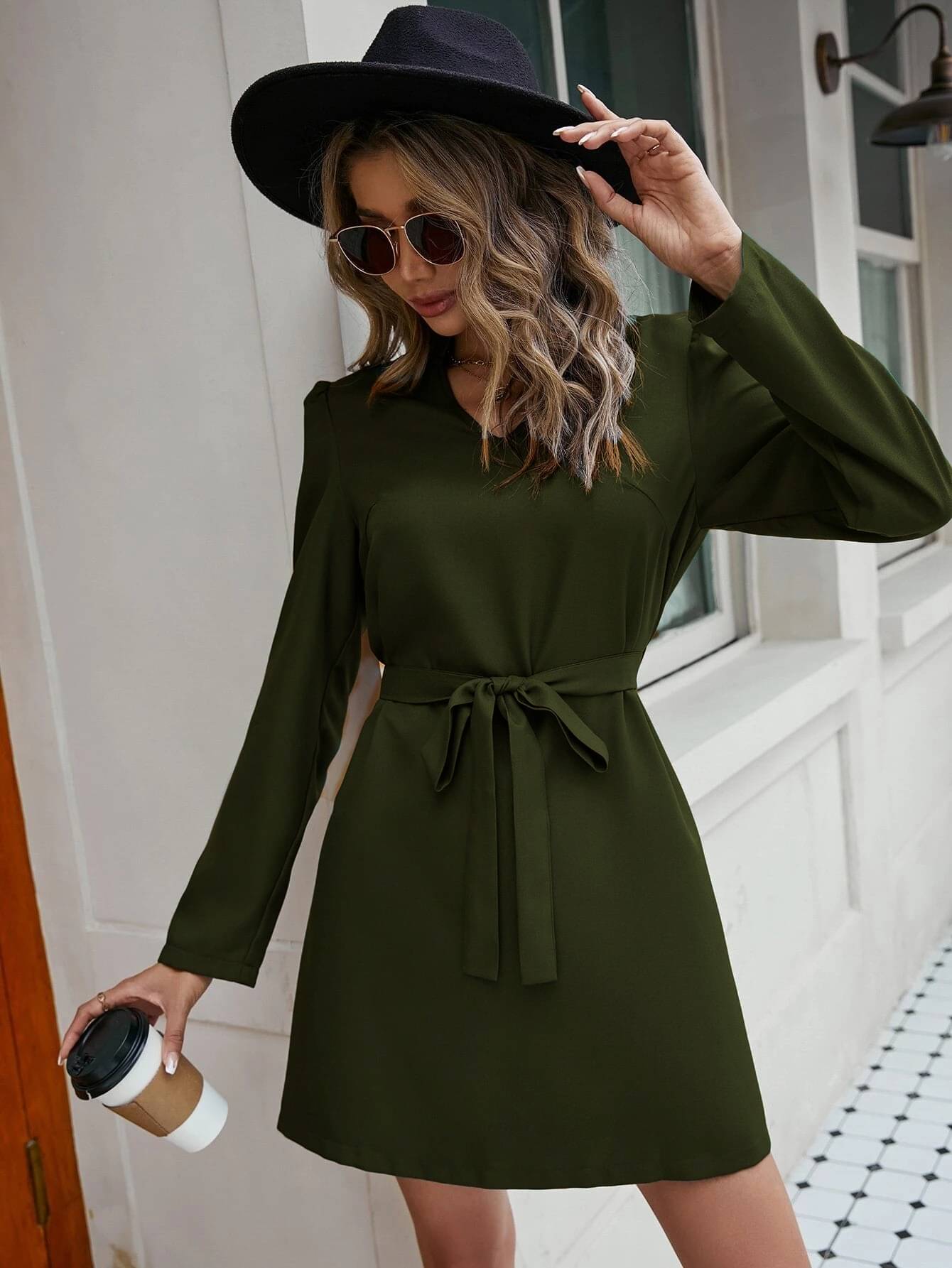     			Istyle Can Women Crepe Solid Shirt Dress ( Olive )