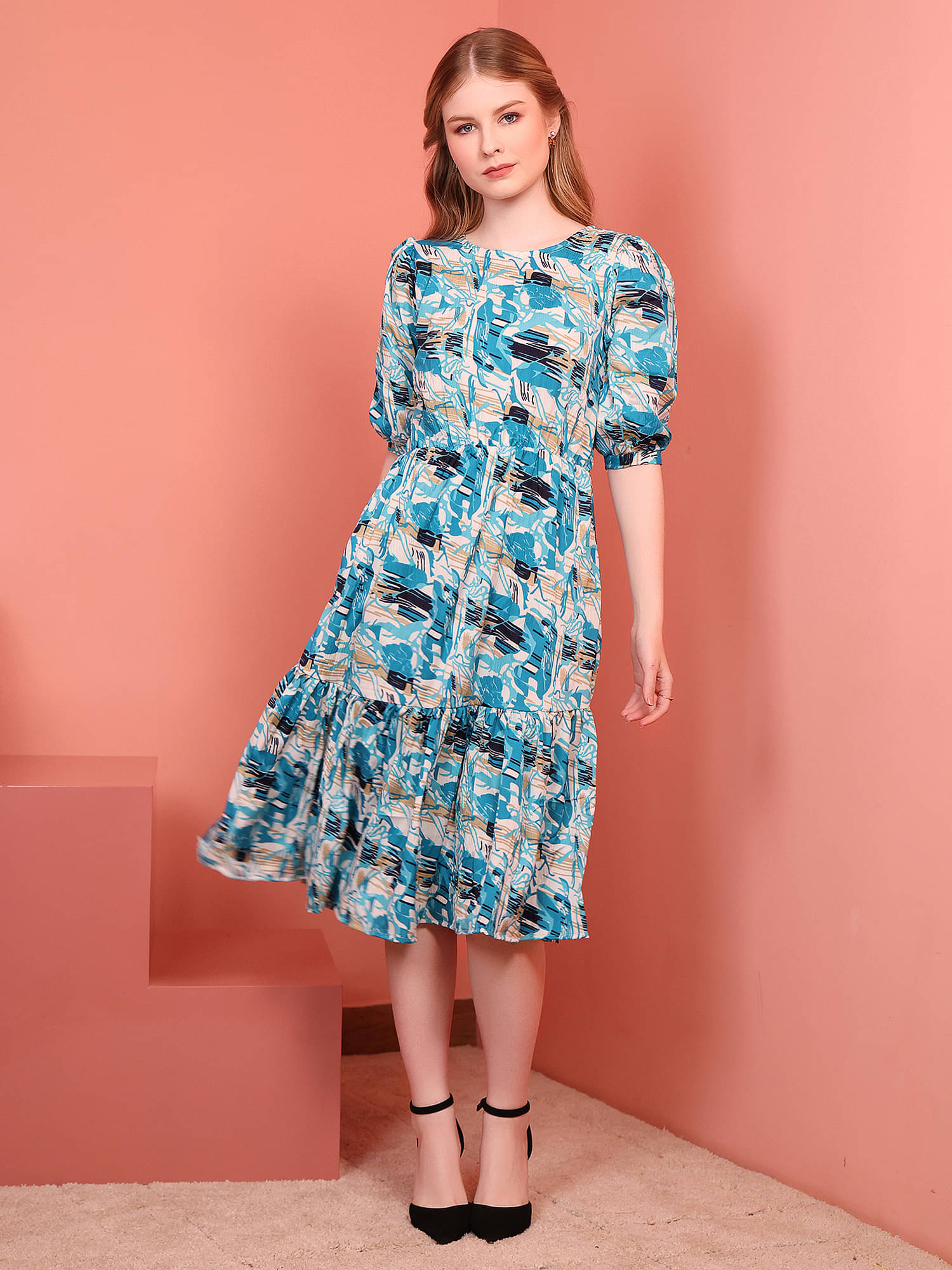     			Istyle Can Women Polyester Printed Fit & Flare Dress ( Blue )