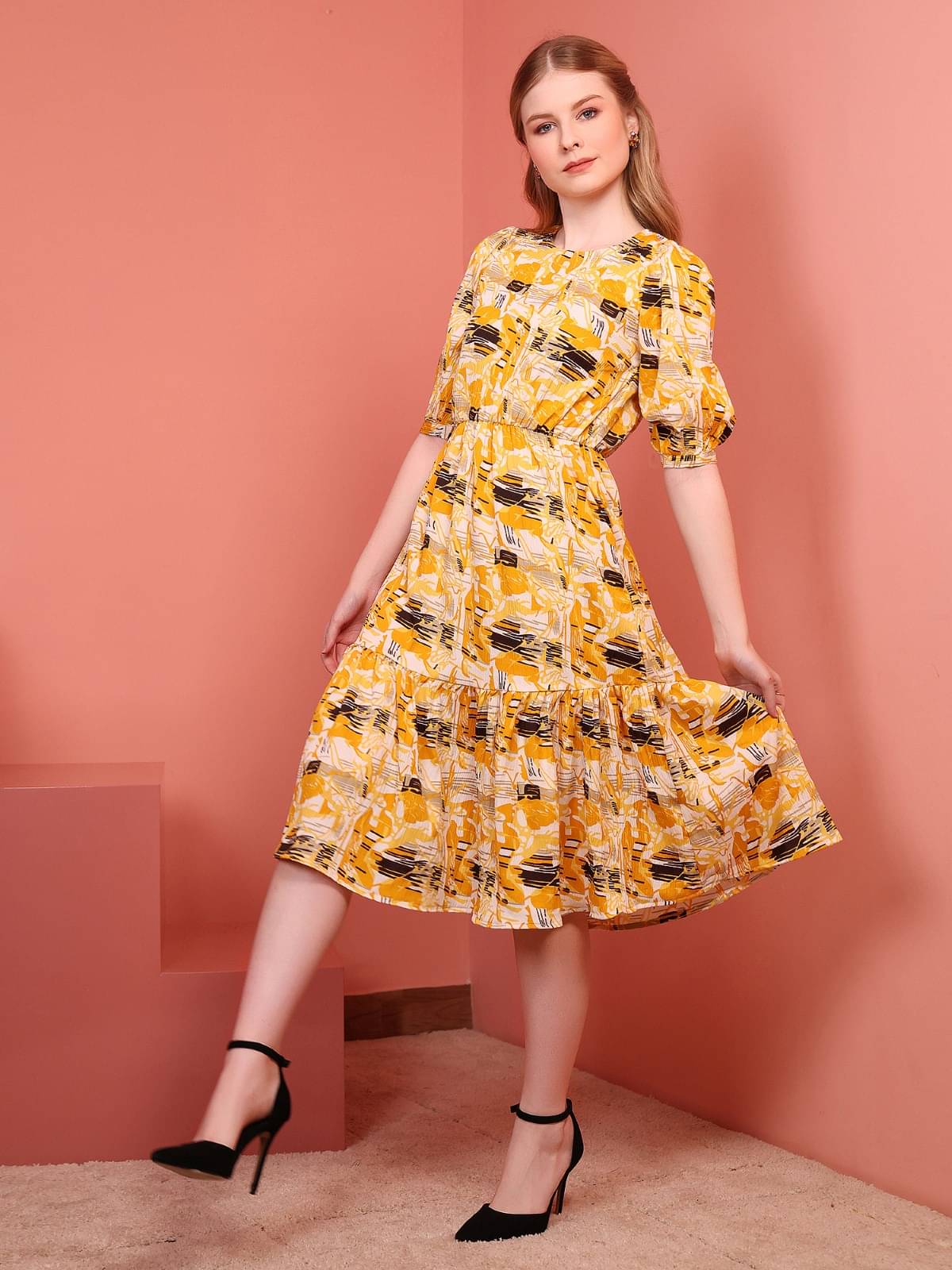     			Istyle Can Women Polyester Printed Fit & Flare Dress ( Yellow )