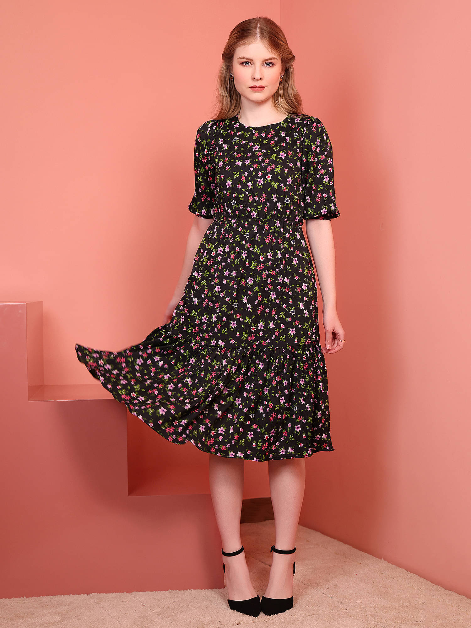     			Istyle Can Women Polyester Printed Fit & Flare Dress ( Black )