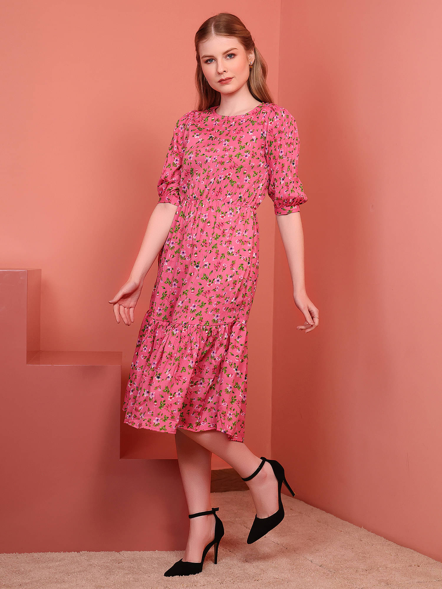 Istyle Can Women Polyester Printed Fit & Flare Dress ( Pink ) Istyle Can Women Polyester Printed Fit & Flare Dress ( Pink )