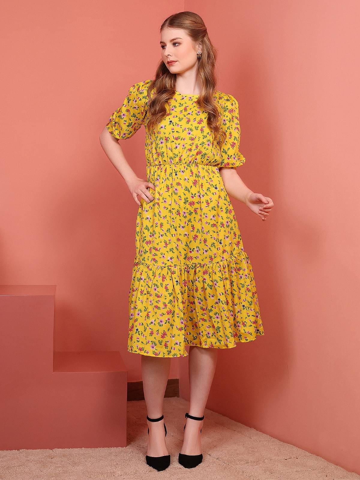     			Istyle Can Women Polyester Printed Fit & Flare Dress ( Mustard )