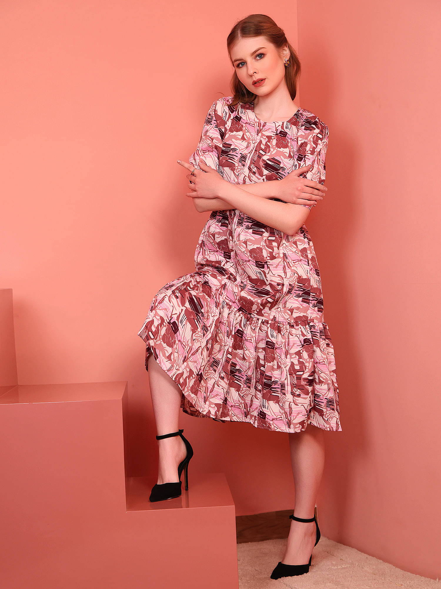 Istyle Can Women Polyester Printed Fit & Flare Dress ( Pink ) Istyle Can Women Polyester Printed Fit & Flare Dress ( Pink )