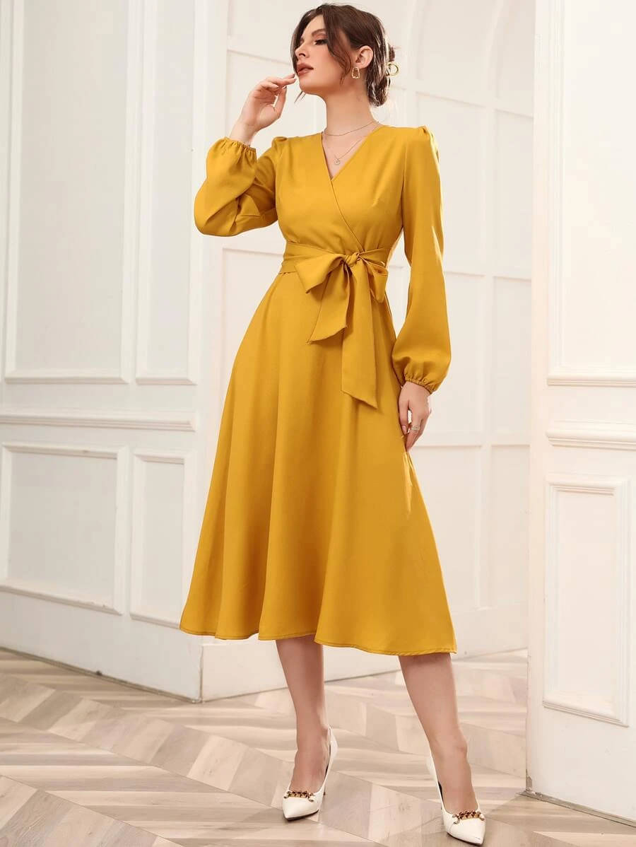     			Istyle Can Women Polyester Solid Wrap Dress ( Mustard )
