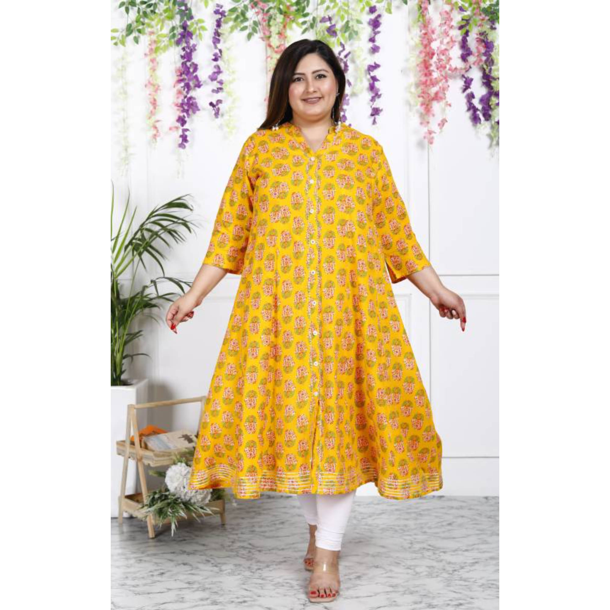 Swasti Pack of 1 Cotton Blend Printed Flared Women's Kurti - ( Yellow ) Swasti Pack of 1 Cotton Blend Printed Flared Women's Kurti - ( Yellow )