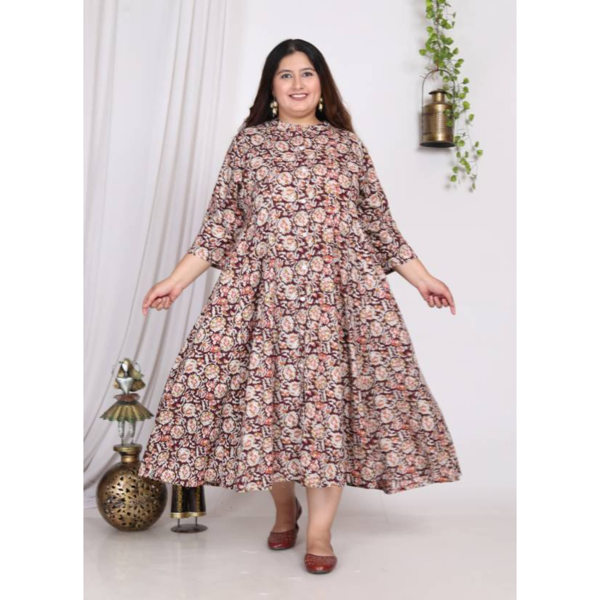 Swasti Pack of 1 Cotton Blend Printed Flared Women's Kurti - ( Rust ) - Kurtis, Tunics | Buy online on ZillyBuy