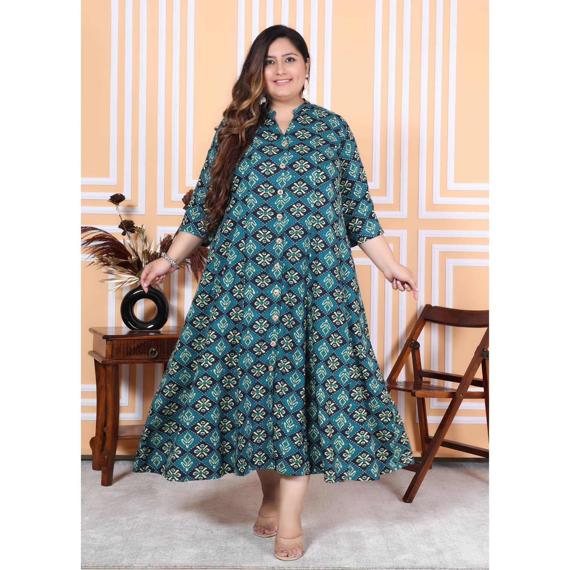 Swasti Pack of 1 Cotton Blend Printed Flared Women's Kurti - ( Green )     			Swasti Pack of 1 Cotton Blend Printed Flared Women's Kurti - ( Green )