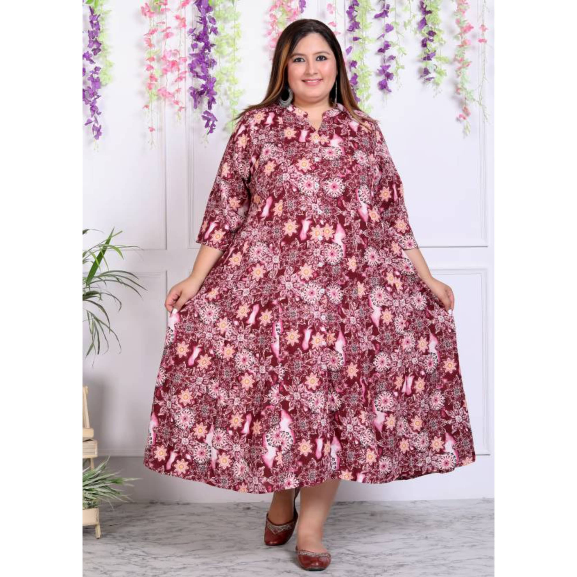 Swasti Pack of 1 Cotton Blend Printed Flared Women's Kurti - ( Maroon ) Swasti Pack of 1 Cotton Blend Printed Flared Women's Kurti - ( Maroon )