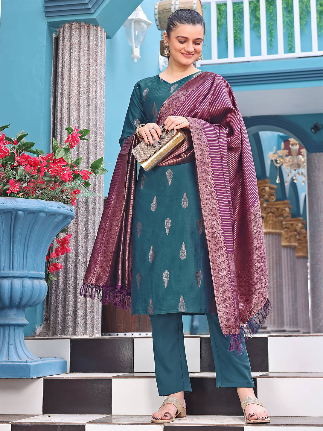 Trijal Fab Banarasi Embellished Kurti With Pants Women's Stitched Salwar Suit - Green ( Pack of 1 ) Trijal Fab Banarasi Embellished Kurti With Pants Women's Stitched Salwar Suit - Green ( Pack of 1 )