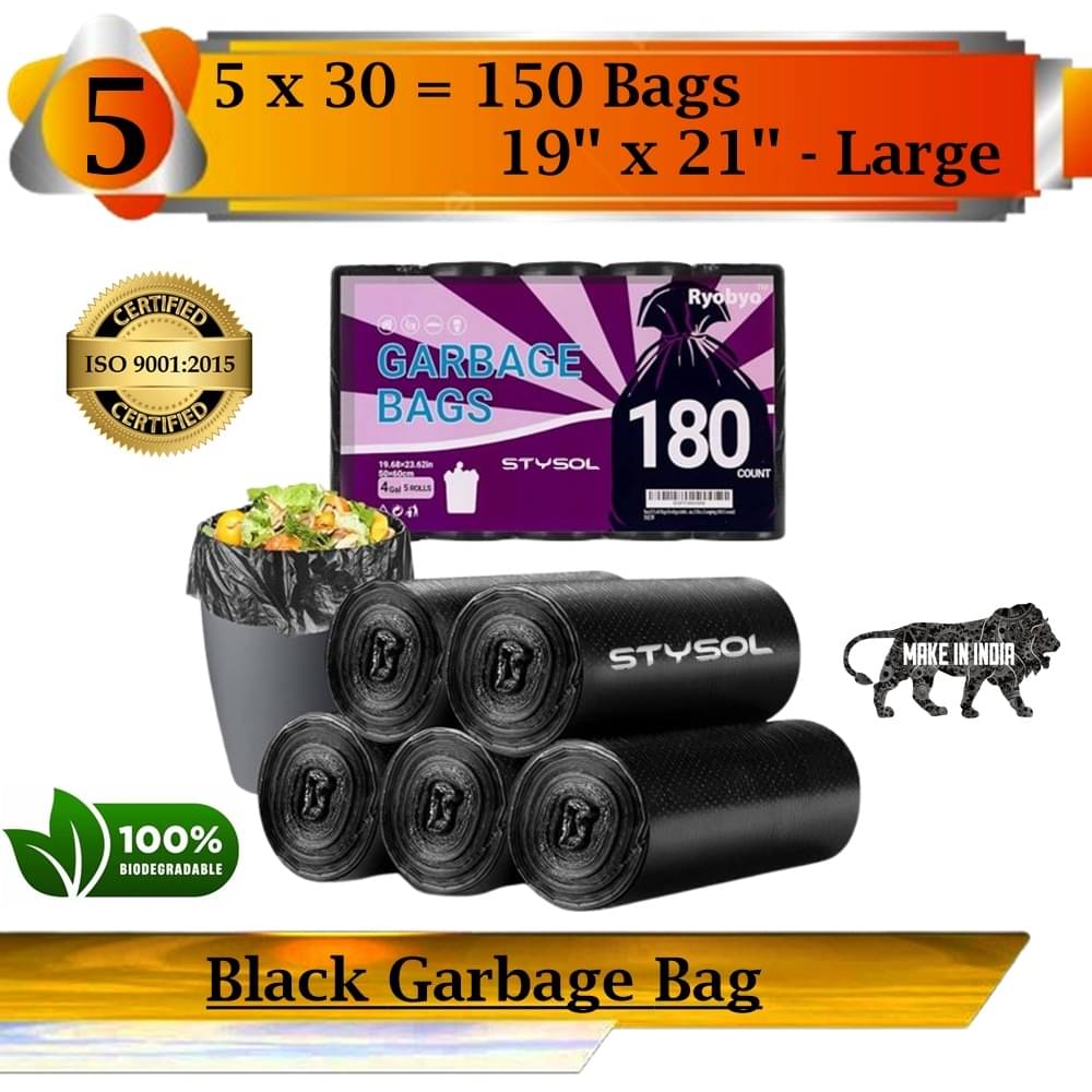     			Waste Disposal Biodegradable Garbage Bags 19 X 21 Inches (Medium Size) 120 Bags (5 Rolls) Dustbin Bag/Trash Bag - Black Color