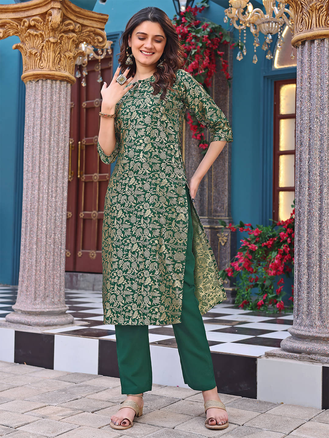 kedar fab Banarasi Self Design Kurti With Pants Women's Stitched Salwar Suit - Green ( Pack of 1 )     			kedar fab Banarasi Self Design Kurti With Pants Women's Stitched Salwar Suit - Green ( Pack of 1 )