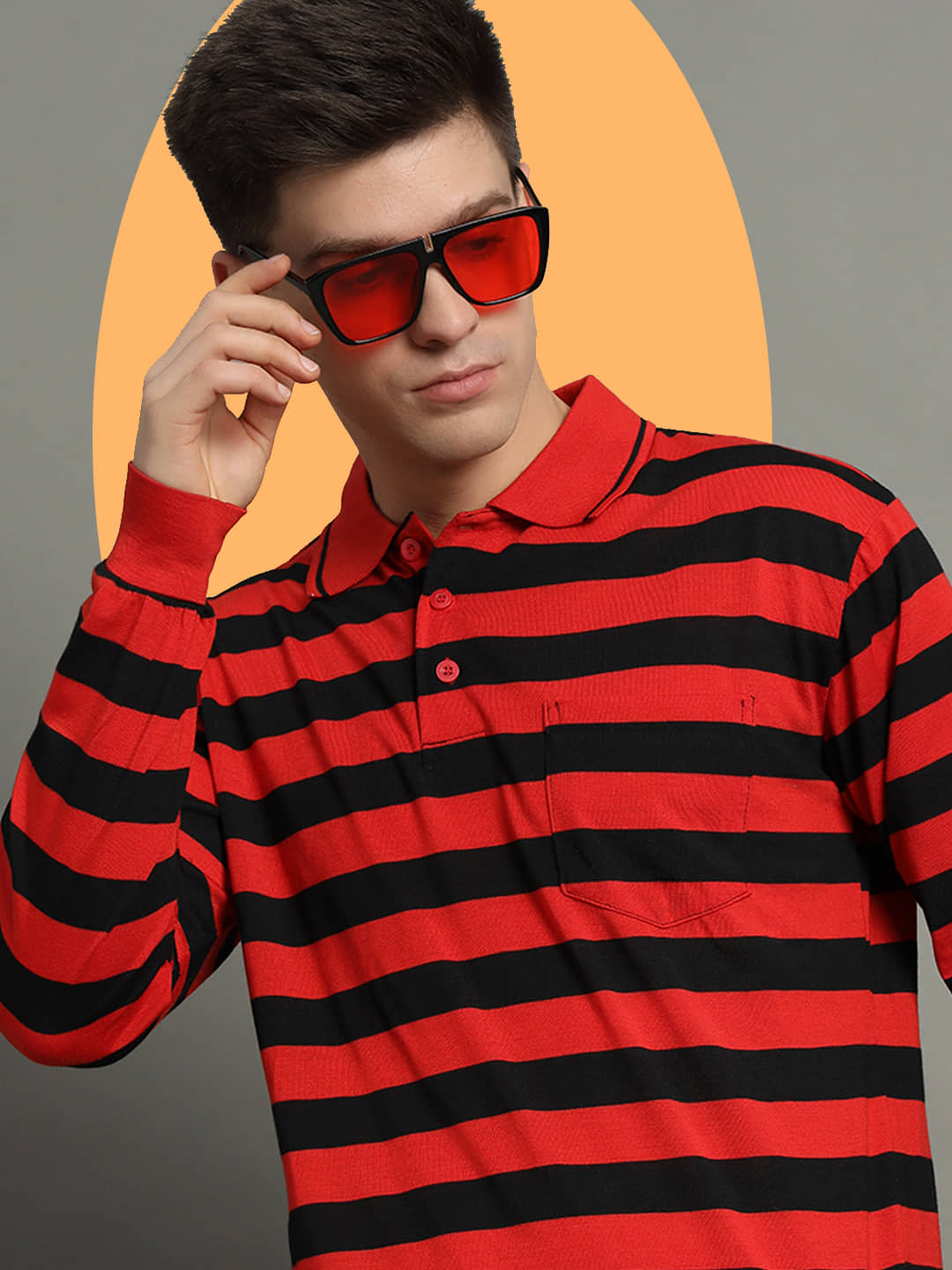 GET GOLF Pack of 1 Cotton Blend Regular Fit Striped Full Sleeves Men's Polo T Shirt ( Red )