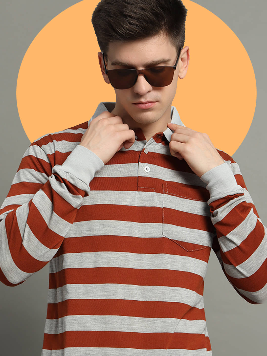 GET GOLF Pack of 1 Cotton Blend Regular Fit Striped Full Sleeves Men's Polo T Shirt ( Brown )