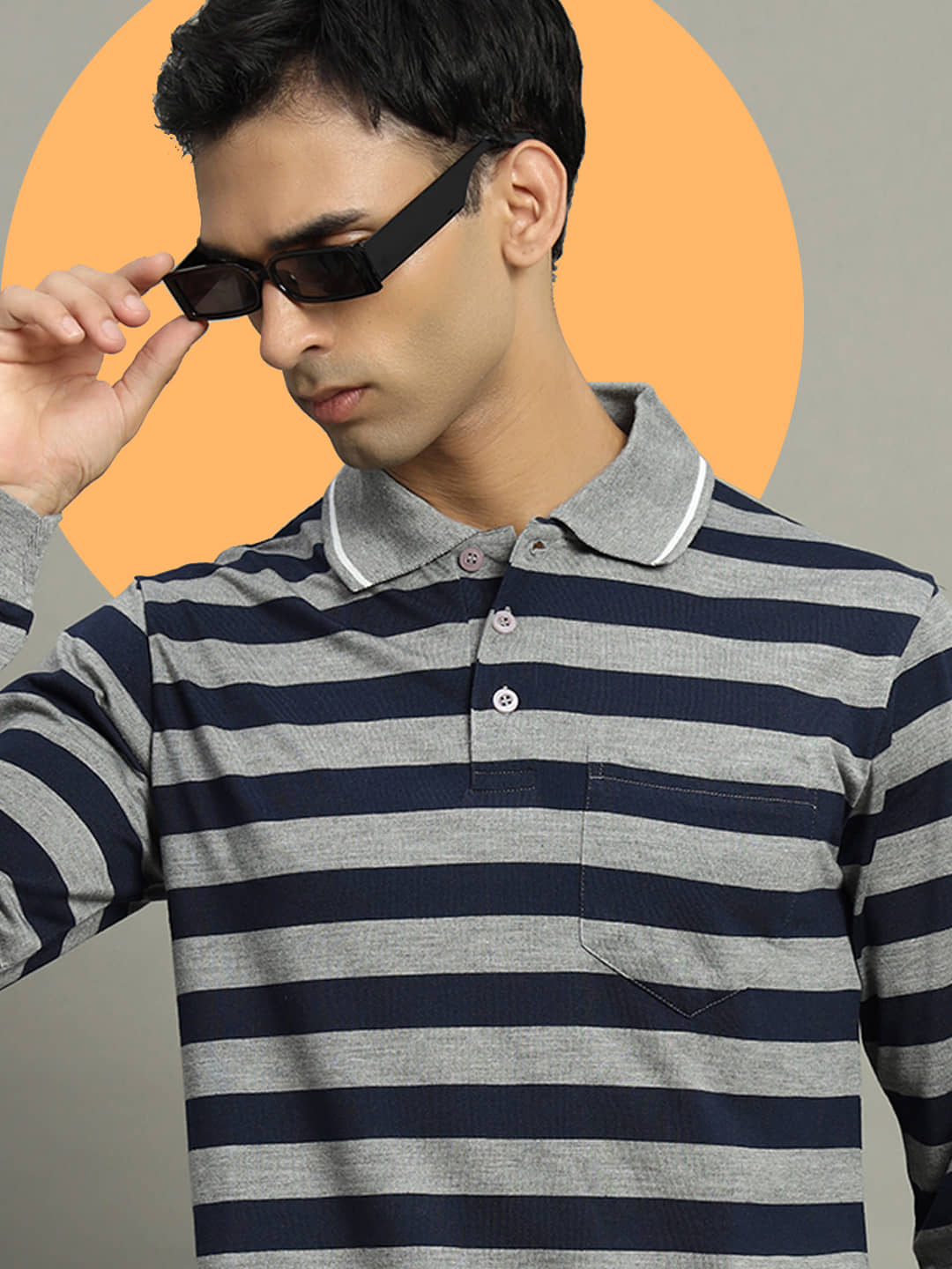 GET GOLF Pack of 1 Cotton Blend Regular Fit Striped Full Sleeves Men's Polo T Shirt ( Grey )