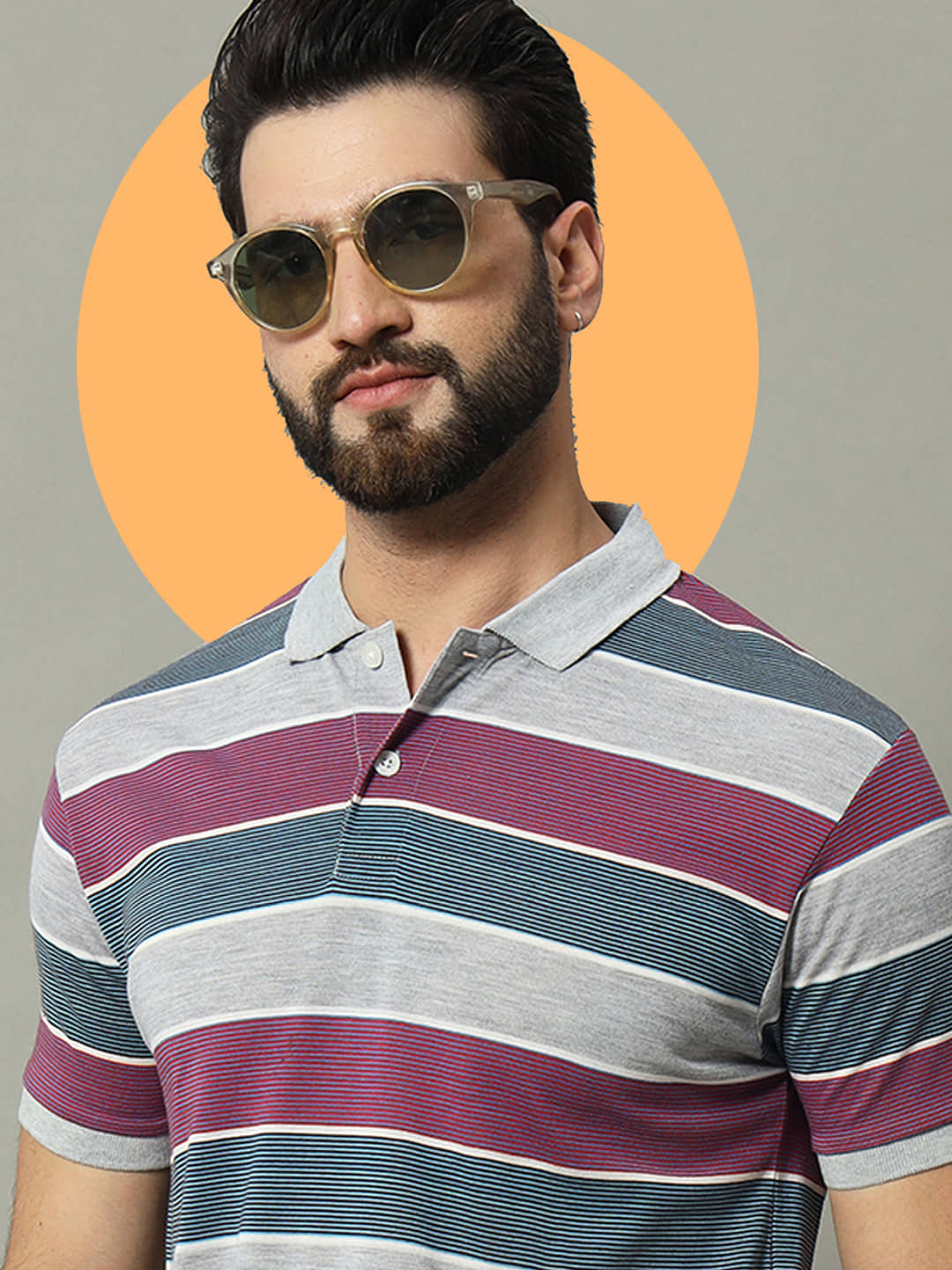 GET GOLF Pack of 1 Cotton Blend Regular Fit Striped Half Sleeves Men's Polo T Shirt ( Grey )