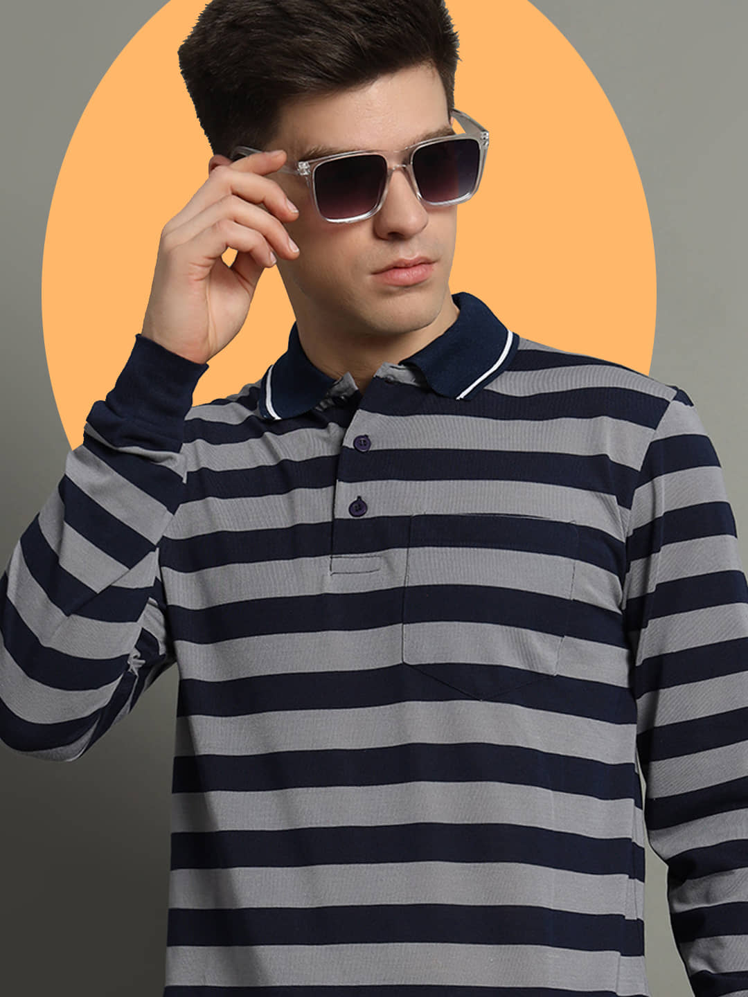 GET GOLF Pack of 1 Cotton Blend Regular Fit Striped Full Sleeves Men's Polo T Shirt ( Navy )