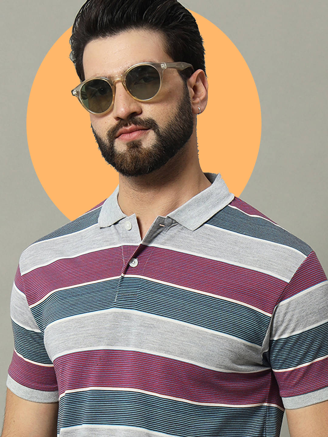 GET GOLF Pack of 1 Cotton Blend Regular Fit Striped Half Sleeves Men's Polo T Shirt ( Grey )     			GET GOLF Pack of 1 Cotton Blend Regular Fit Striped Half Sleeves Men's Polo T Shirt ( Grey )