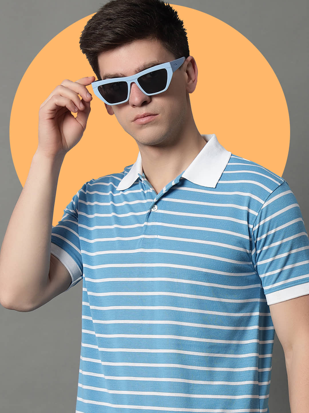 GET GOLF Pack of 1 Cotton Blend Regular Fit Striped Half Sleeves Men's Polo T Shirt ( Light Blue )