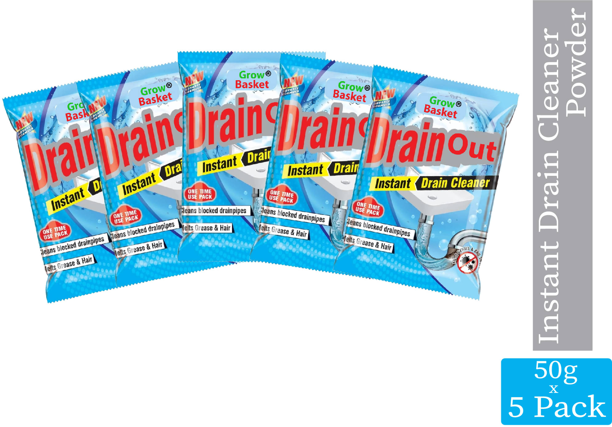     			Grow Basket Drain Blockage Remover Sink Cleaner Powder Drain Blockage Remover 250 Pack of 5