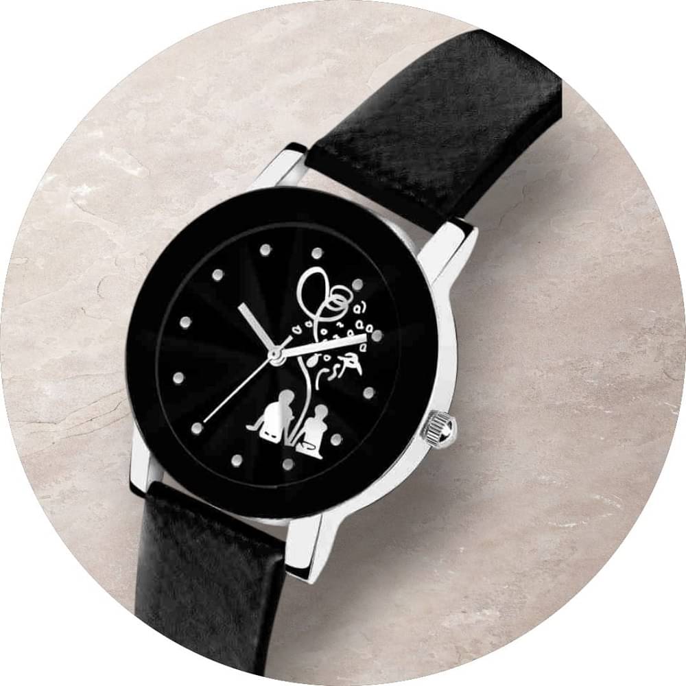     			Cosmic Black Leather Analog Womens Watch