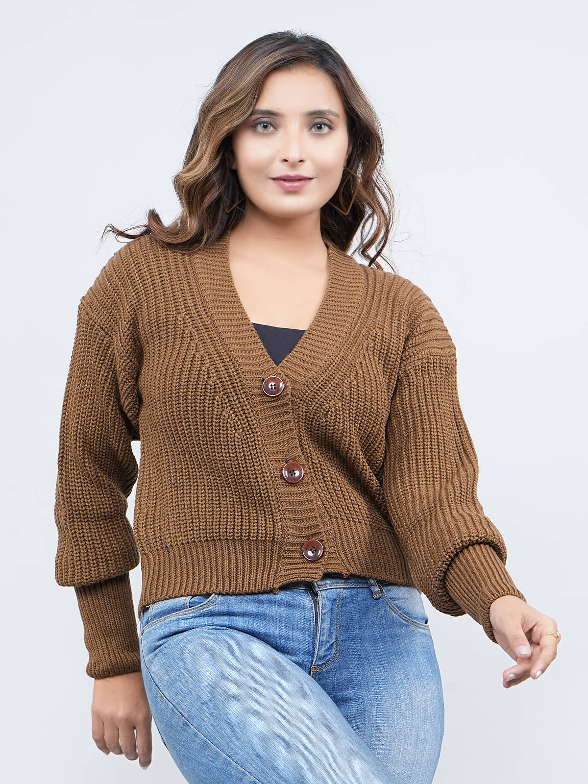     			FEVERFEW Women Acro Wool V-Neck Cardigan ( Brown )
