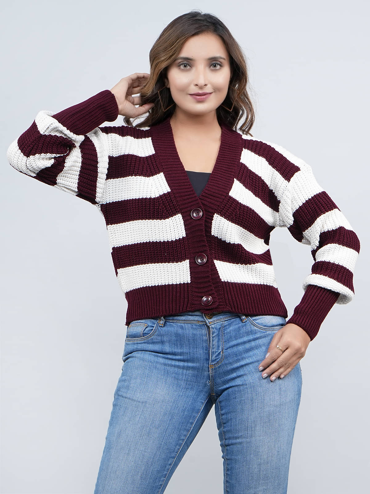    			FEVERFEW Acro Wool V Neck Women's Buttoned Cardigans - Maroon ( Single )