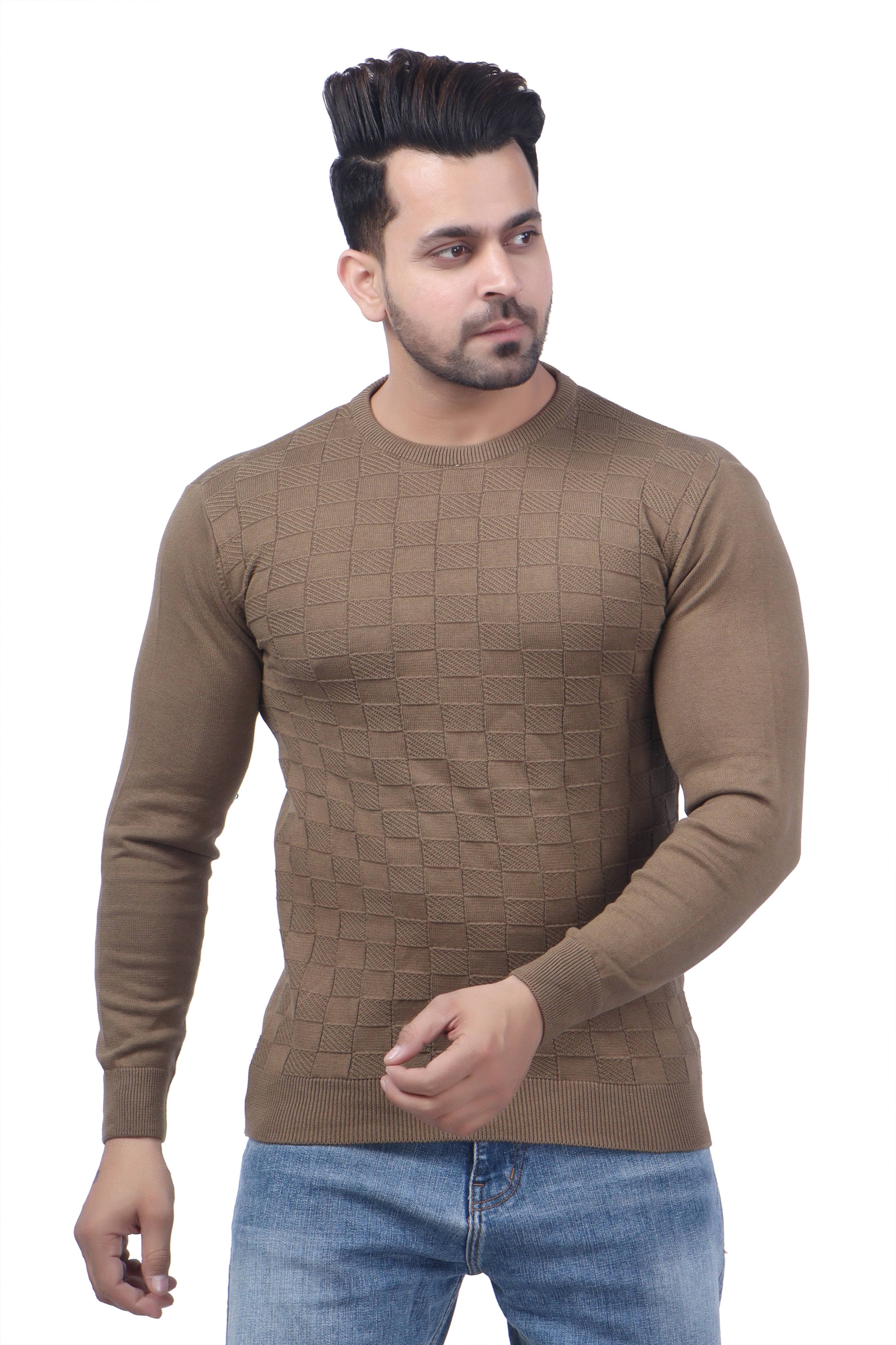 FEVERFEW Cotton Blend Round Neck Men's Full Sleeves Pullover Sweater - Coffee ( Pack of 1 )     			FEVERFEW Cotton Blend Round Neck Men's Full Sleeves Pullover Sweater - Coffee ( Pack of 1 )