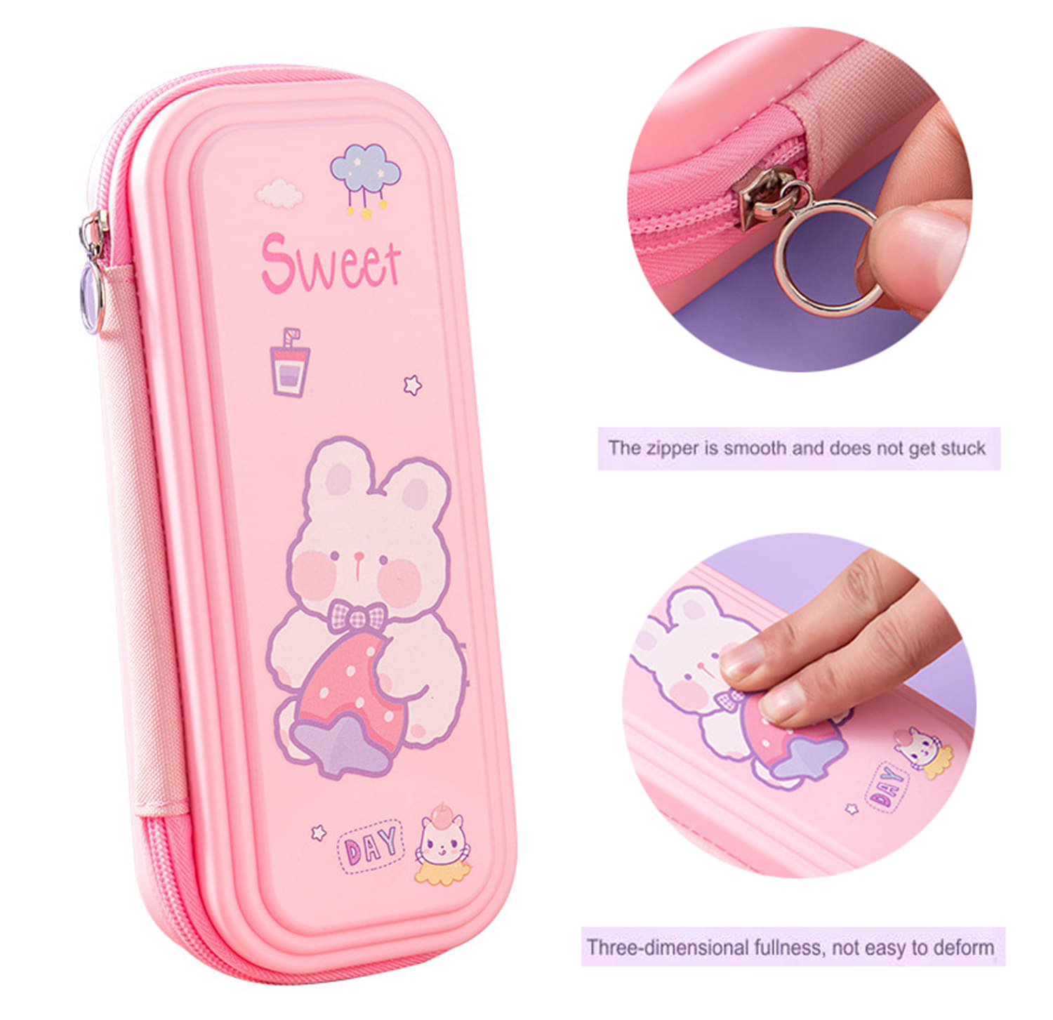 Flenzy Rabbit Theme Layered Design Pink Zip Open Pencil Pouch Bag Flenzy Rabbit Theme Layered Design Pink Zip Open Pencil Pouch Bag