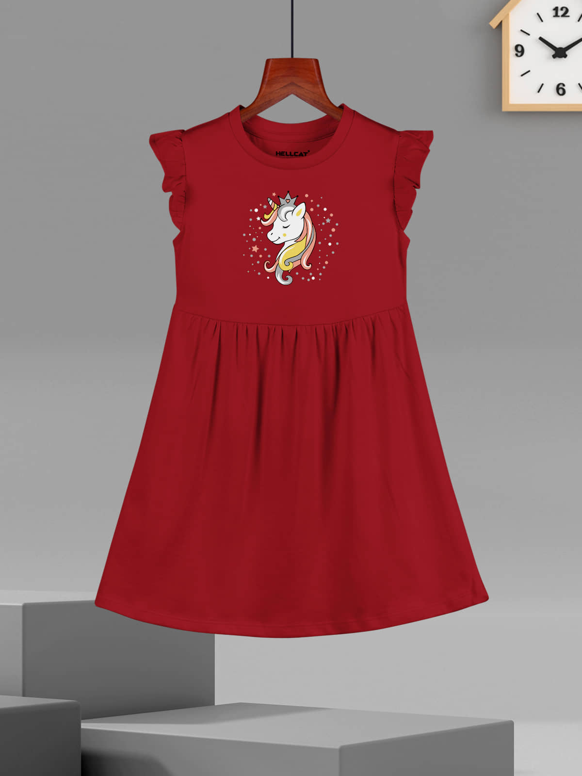 HELLCAT Printed Ruffle Sleeve Casual Dresses for Girls Red5