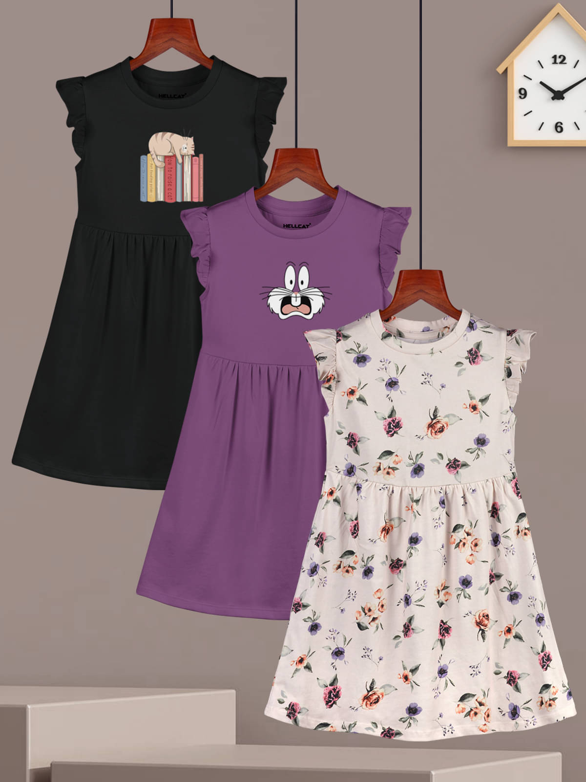     			HELLCAT Cotton Blend Dress For Girls ( Pack of 3 , Black )