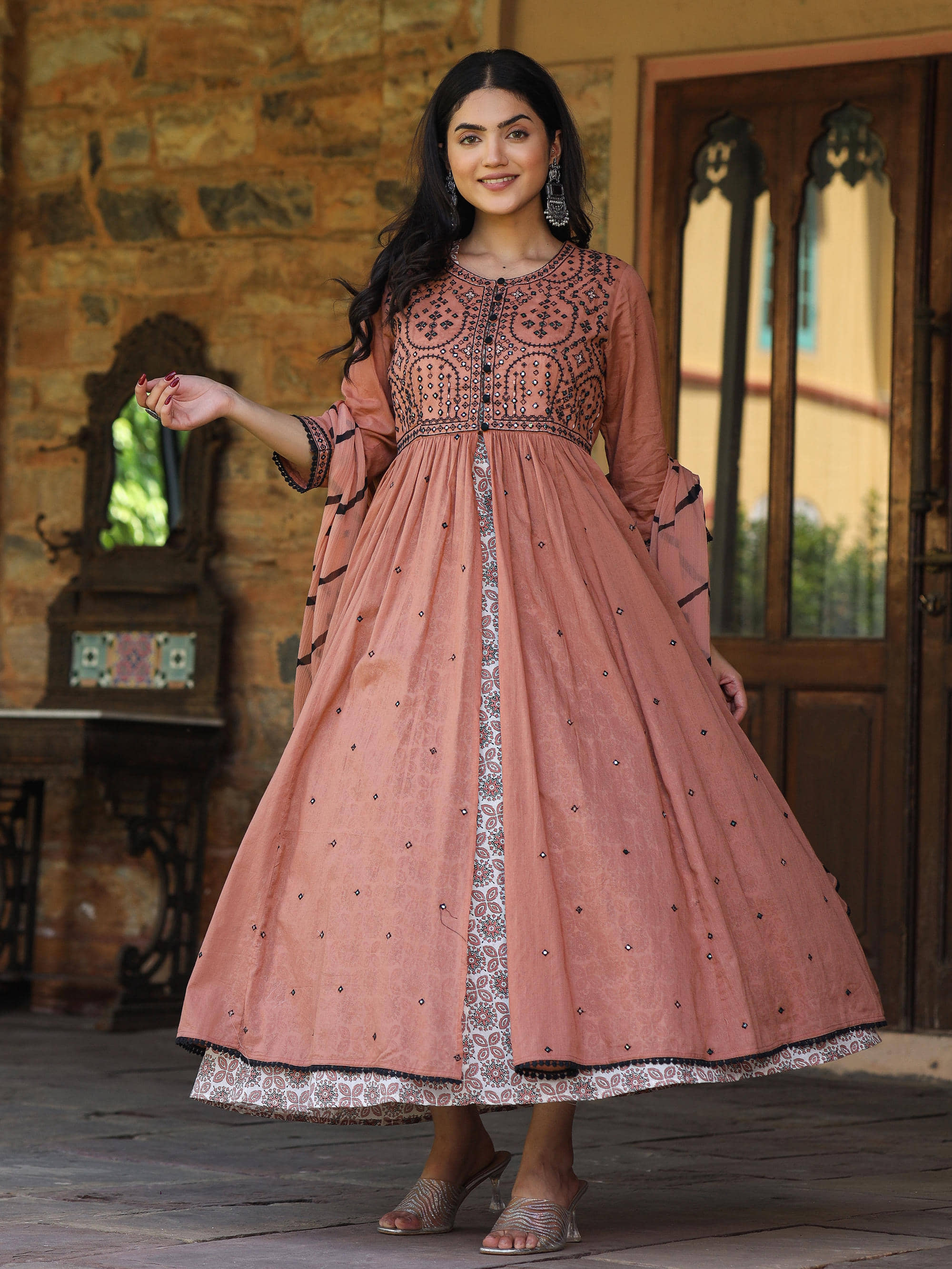 Juniper Women Cotton Embroidered Ethnic Dress ( Pink )