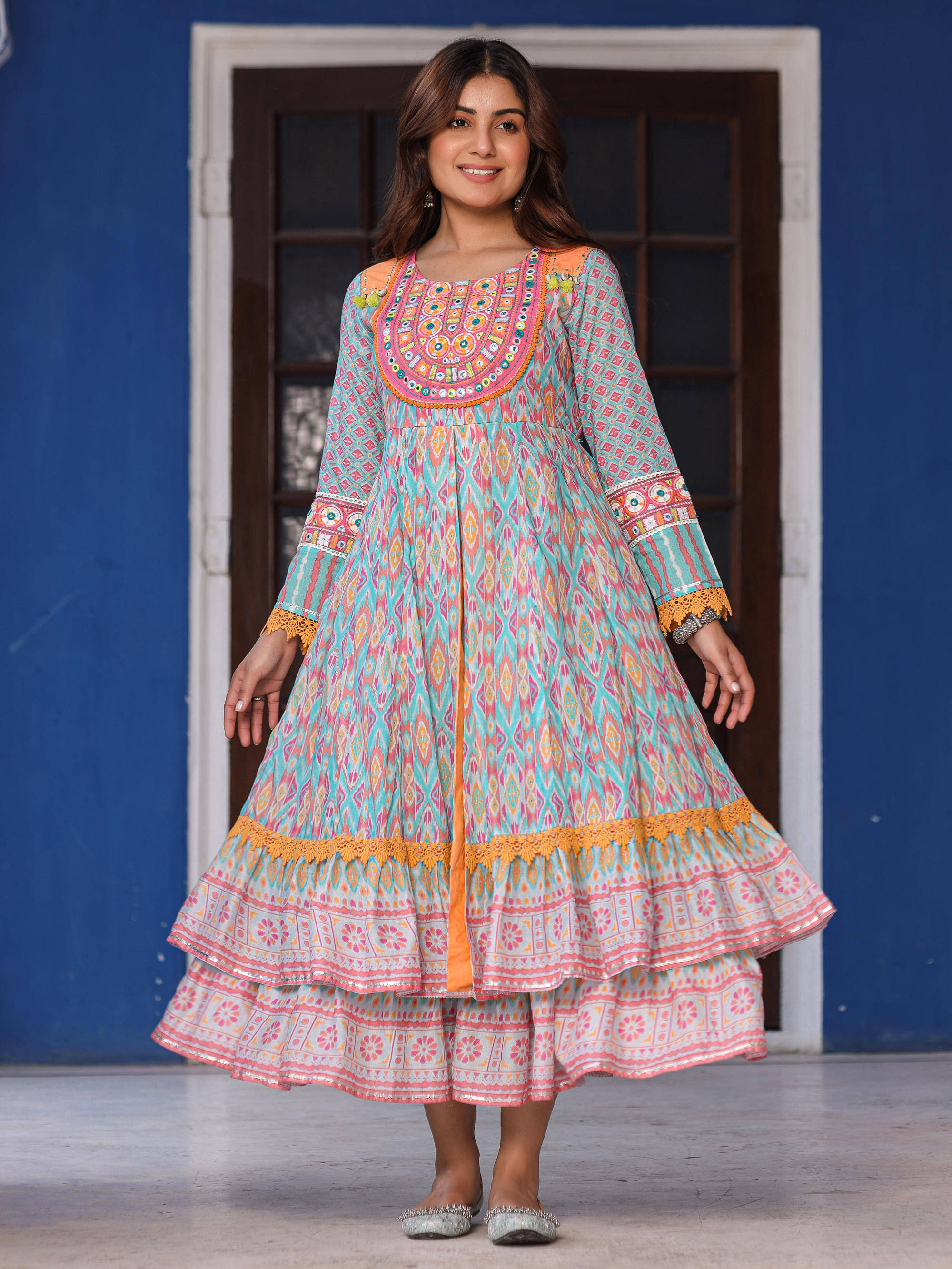 Juniper Women Cotton Printed Ethnic Dress ( Blue ) Juniper Women Cotton Printed Ethnic Dress ( Blue )