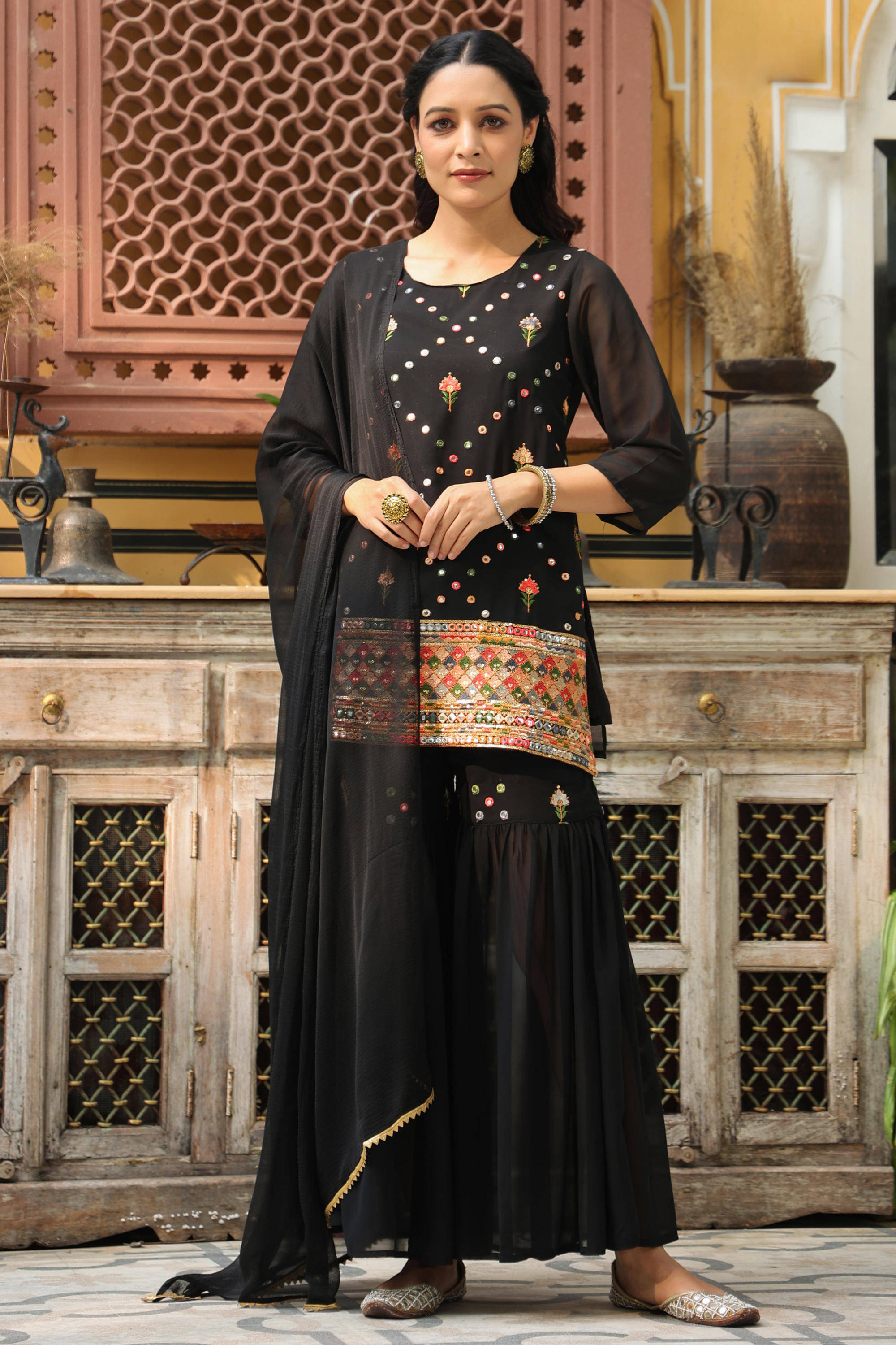     			Juniper Georgette Solid Kurti With Sharara And Gharara Women's Stitched Salwar Suit - Black ( Pack of 1 )