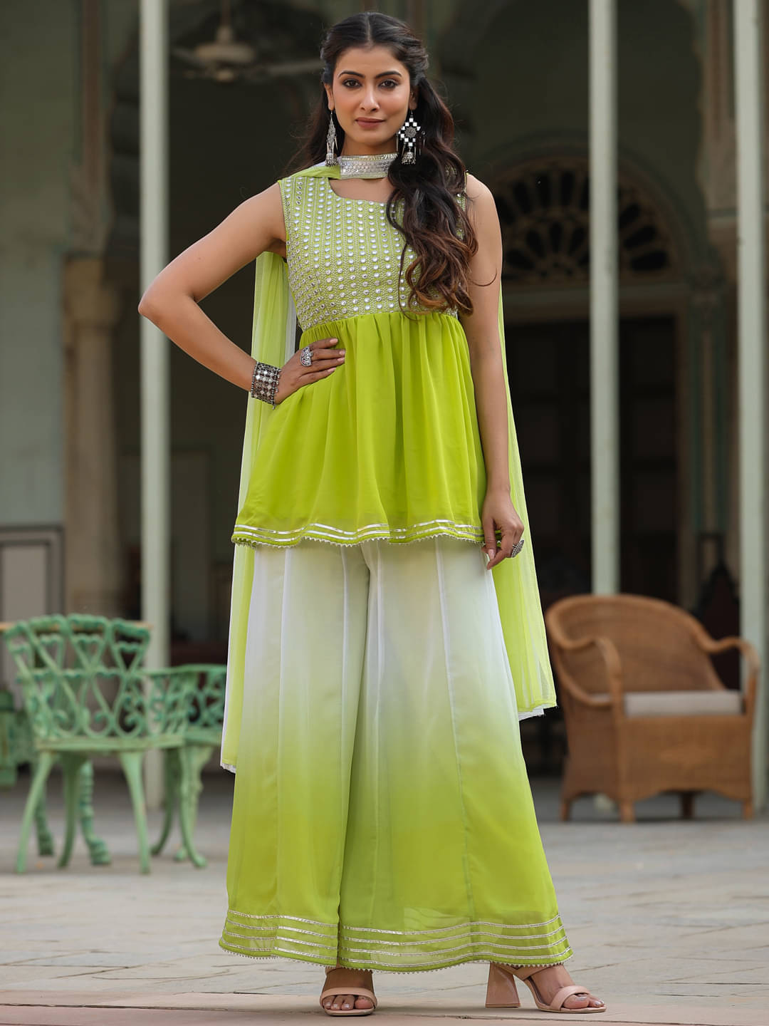     			Juniper Georgette Solid Kurti With Pants Women's Stitched Salwar Suit - Green ( Pack of 1 )