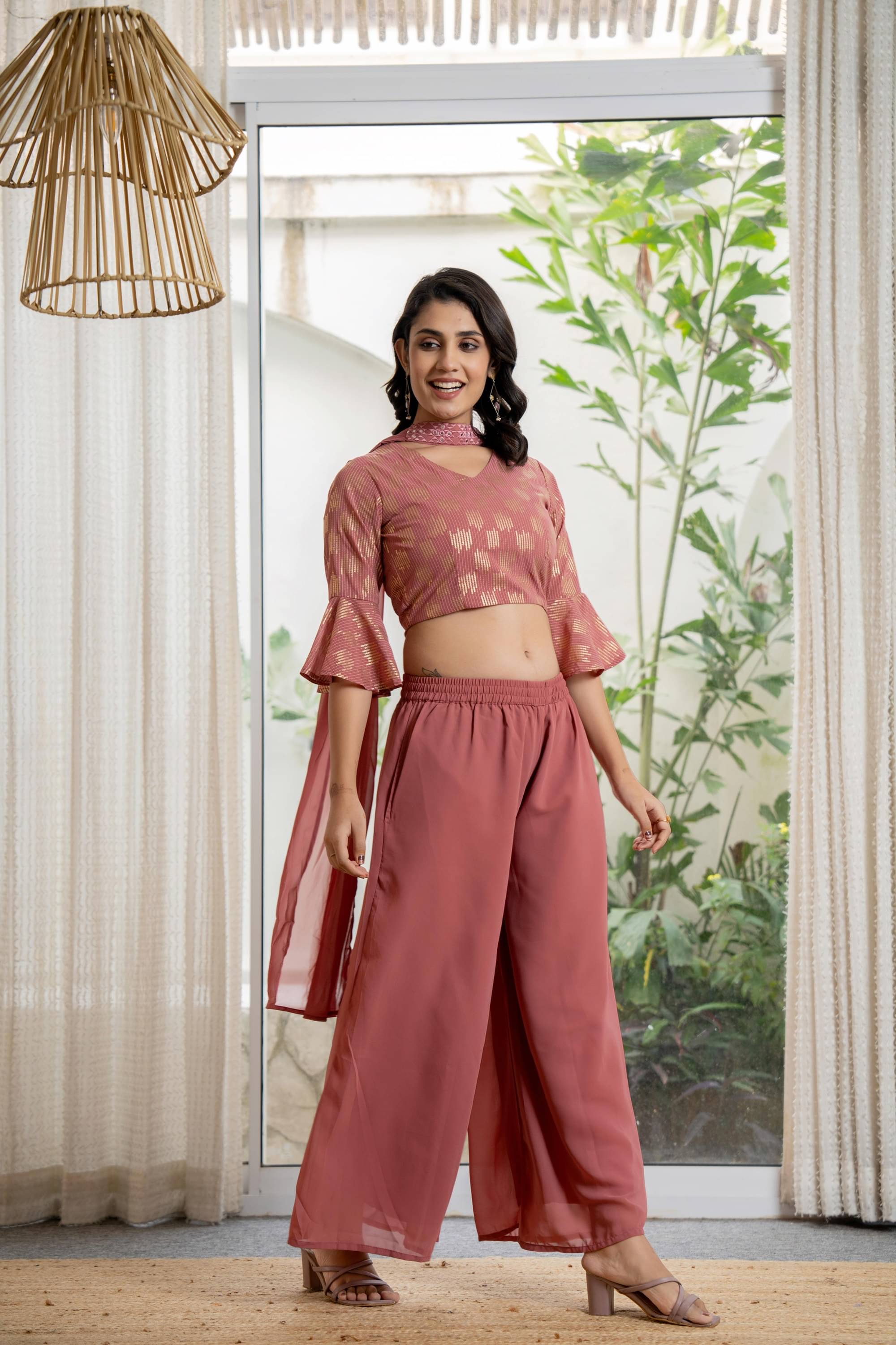     			Juniper Georgette Solid Kurti With Pants Women's Stitched Salwar Suit - Peach ( Pack of 1 )