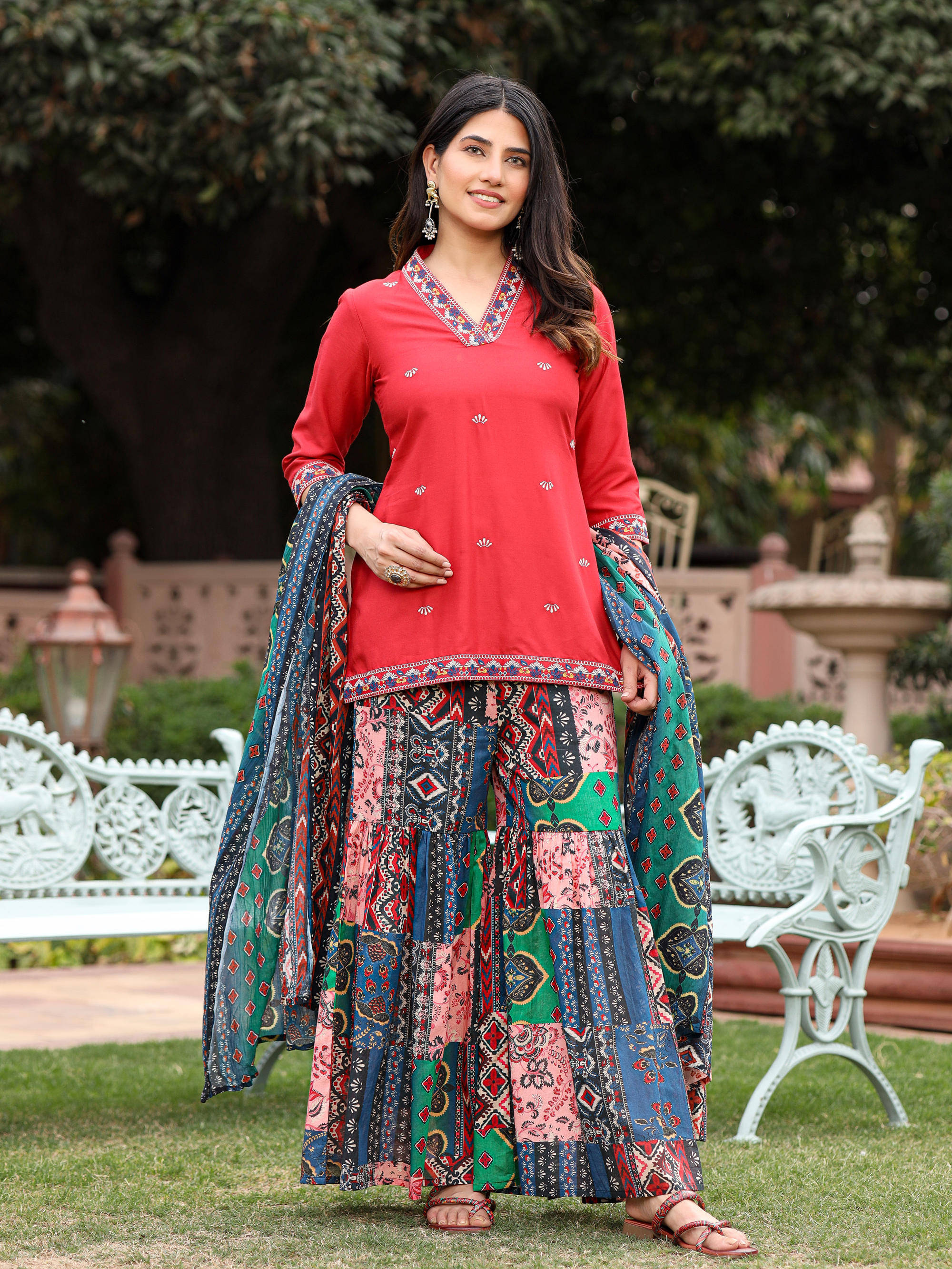 Juniper Rayon Embroidered Kurti With Sharara And Gharara Women's Stitched Salwar Suit - Rust ( Pack of 1 ) Juniper Rayon Embroidered Kurti With Sharara And Gharara Women's Stitched Salwar Suit - Rust ( Pack of 1 )