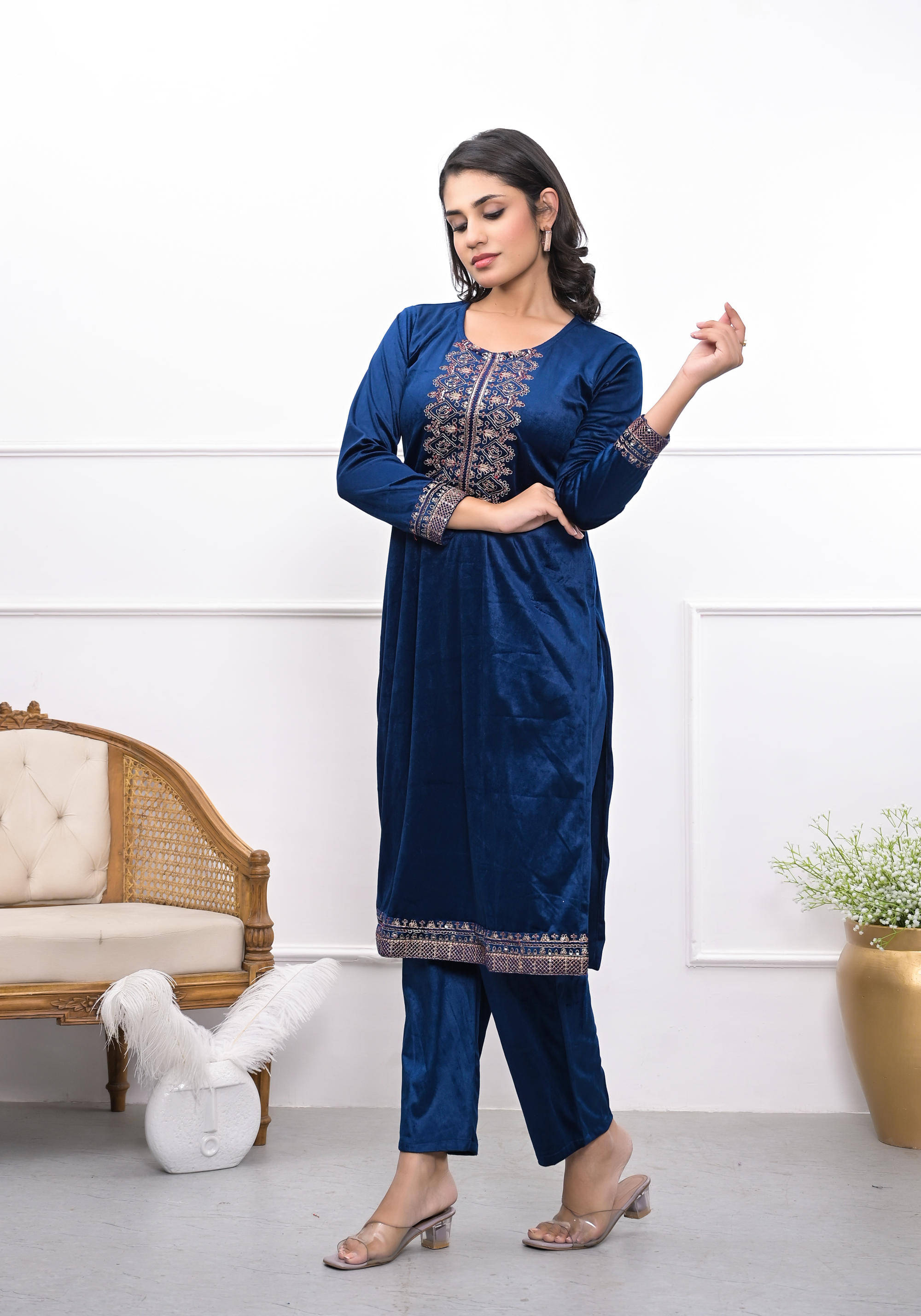 Juniper Velvet Embroidered Kurti With Pants Women's Stitched Salwar Suit - Blue ( Pack of 1 )     			Juniper Velvet Embroidered Kurti With Pants Women's Stitched Salwar Suit - Blue ( Pack of 1 )