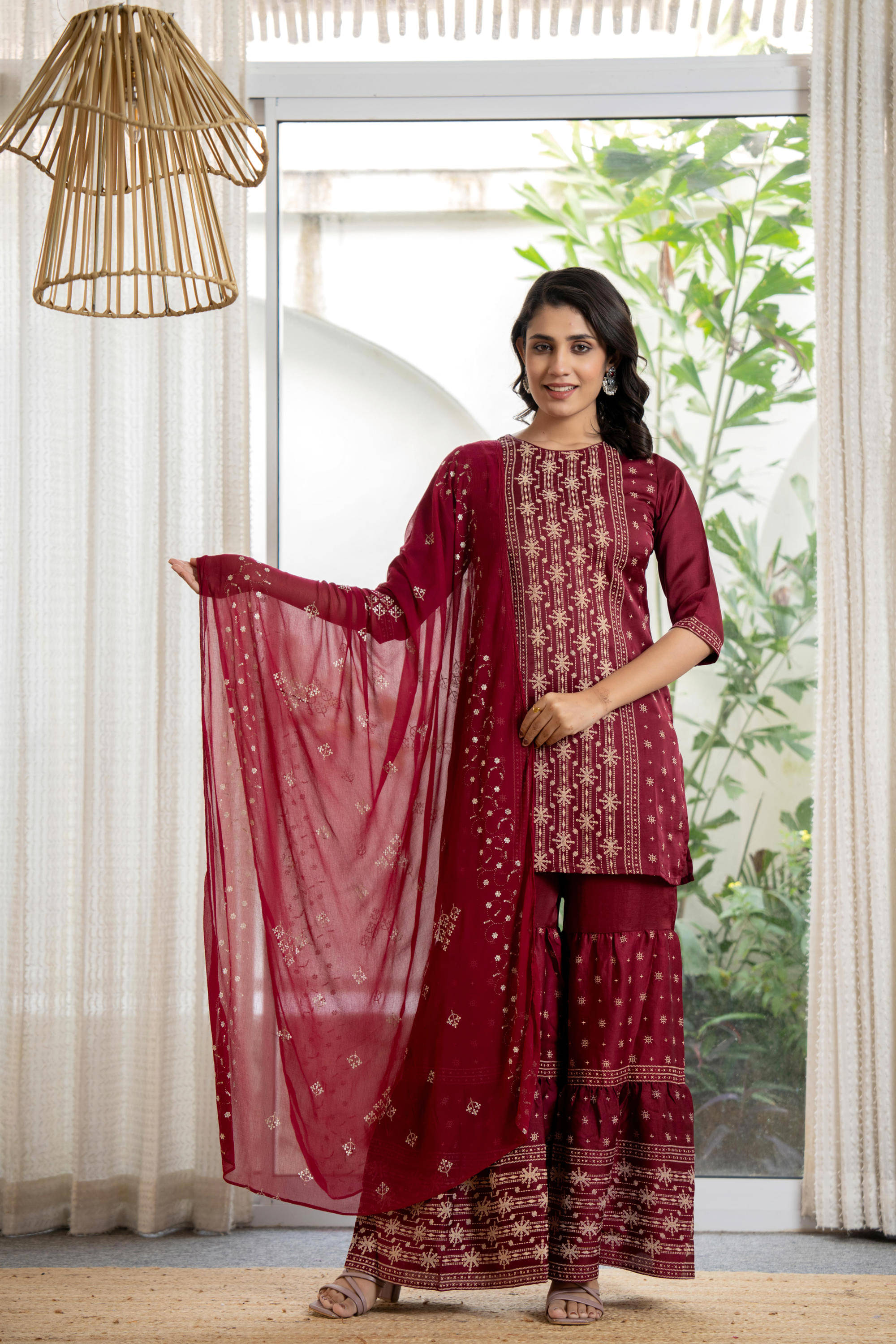 Juniper Viscose Embroidered Kurti With Sharara And Gharara Women's Stitched Salwar Suit - Maroon ( Pack of 1 )     			Juniper Viscose Embroidered Kurti With Sharara And Gharara Women's Stitched Salwar Suit - Maroon ( Pack of 1 )