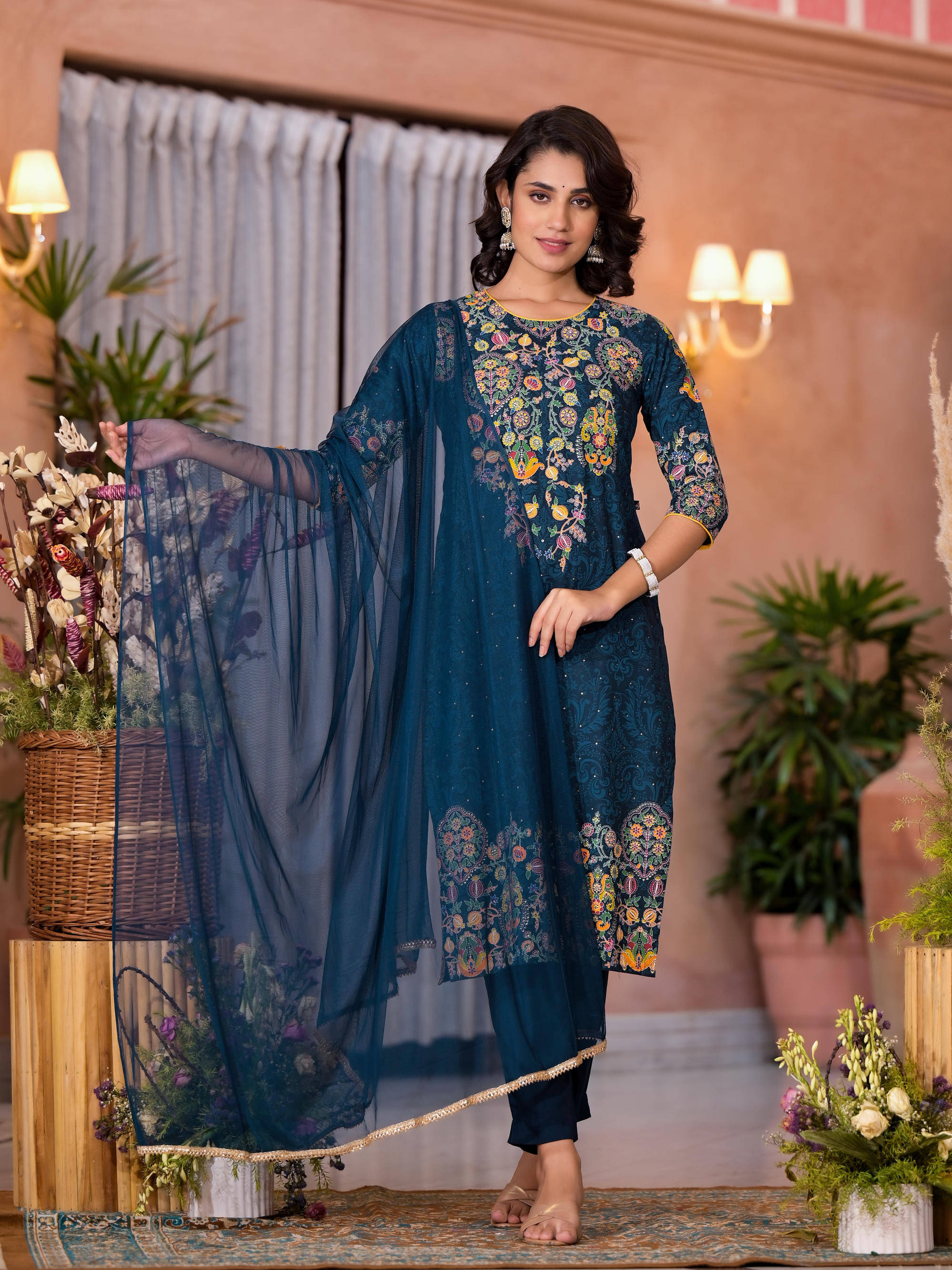     			Juniper Viscose Embroidered Kurti With Pants Women's Stitched Salwar Suit - Navy ( Pack of 1 )