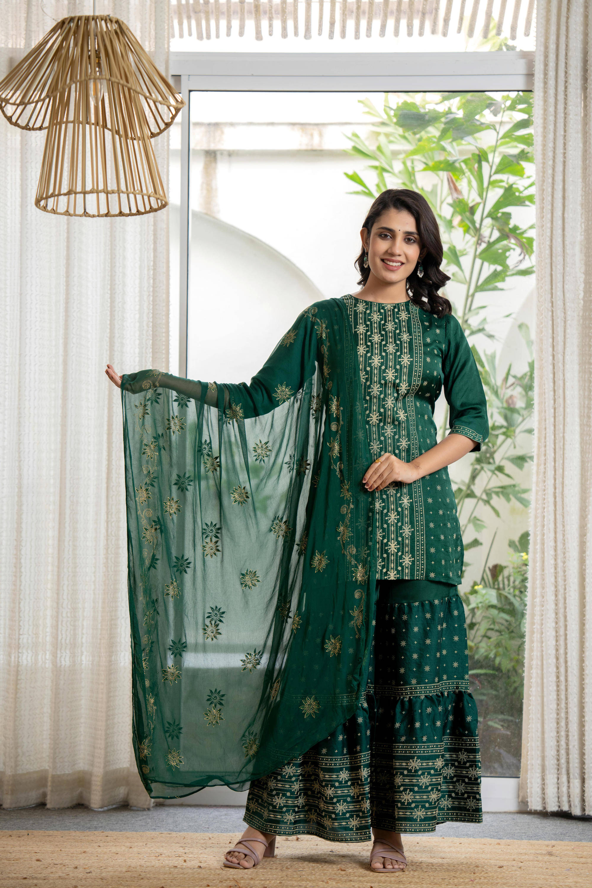     			Juniper Viscose Embroidered Kurti With Sharara And Gharara Women's Stitched Salwar Suit - Green ( Pack of 1 )