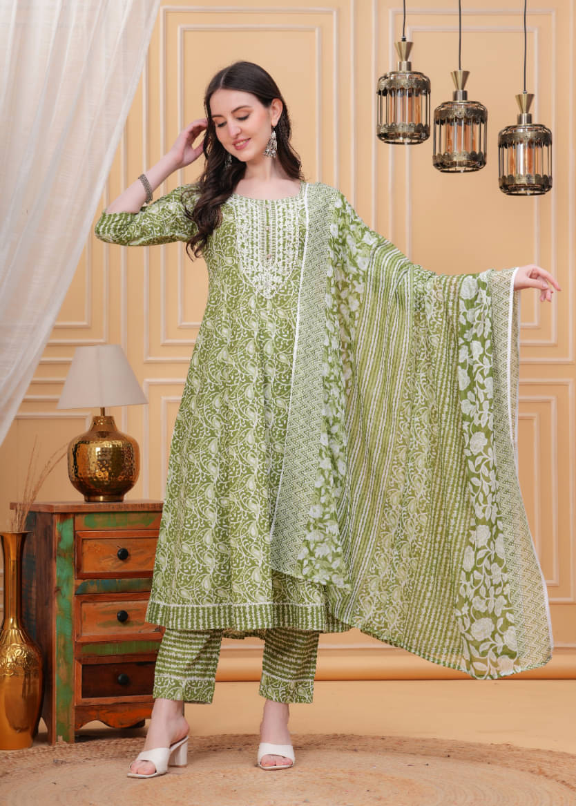     			Jyoti Cotton Blend Embroidered Kurti With Pants Women's Stitched Salwar Suit - Olive ( Pack of 1 )