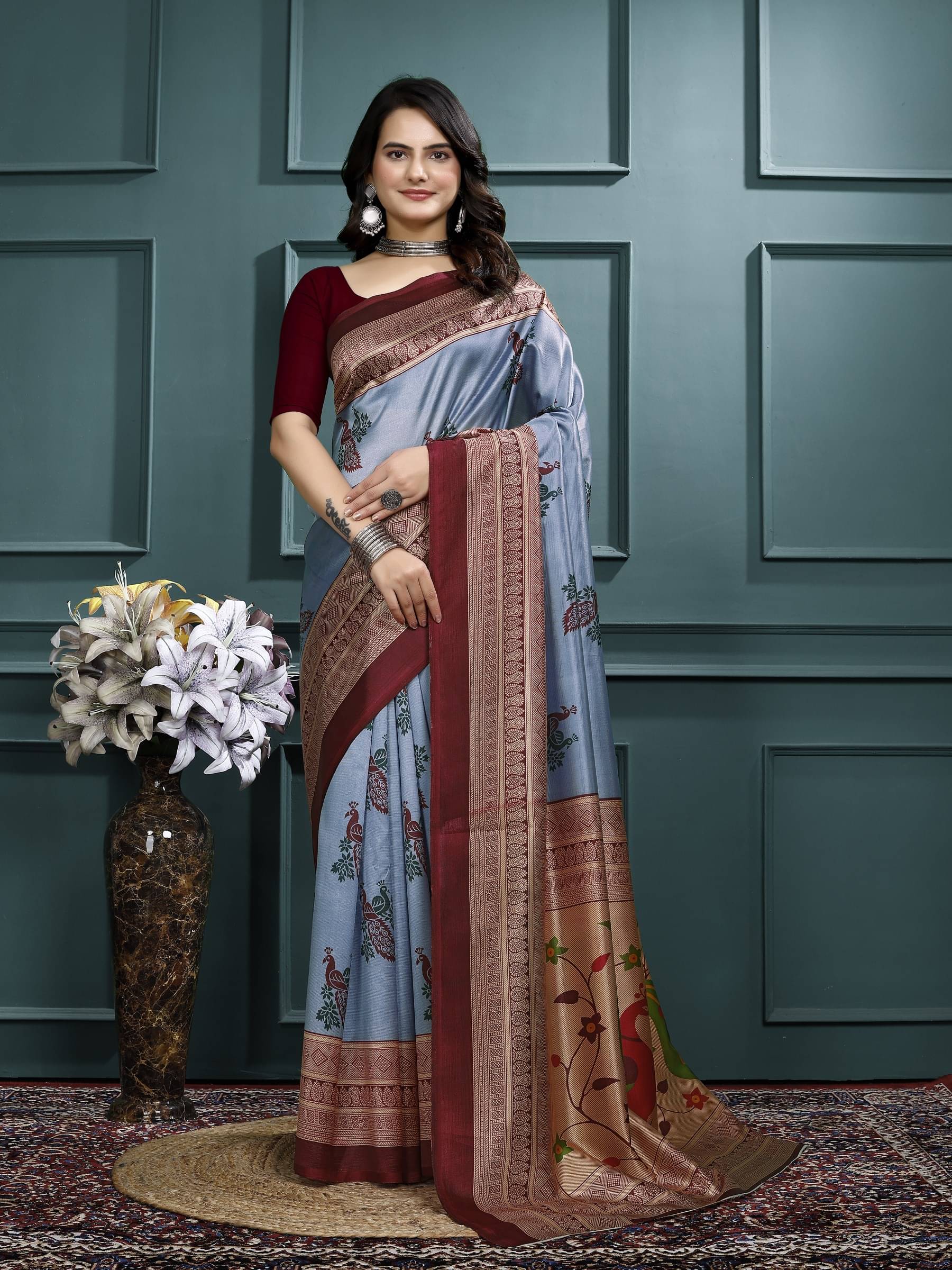     			Kanooda Prints Art Silk Printed Saree With Unstitched Blouse Piece ( Maroon )
