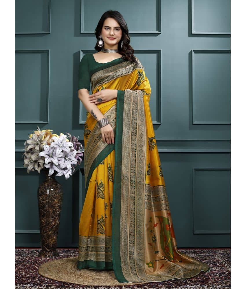 Kanooda Prints Art Silk Printed Saree With Unstitched Blouse Piece ( Green ) - Sarees | Buy online on ZillyBuy