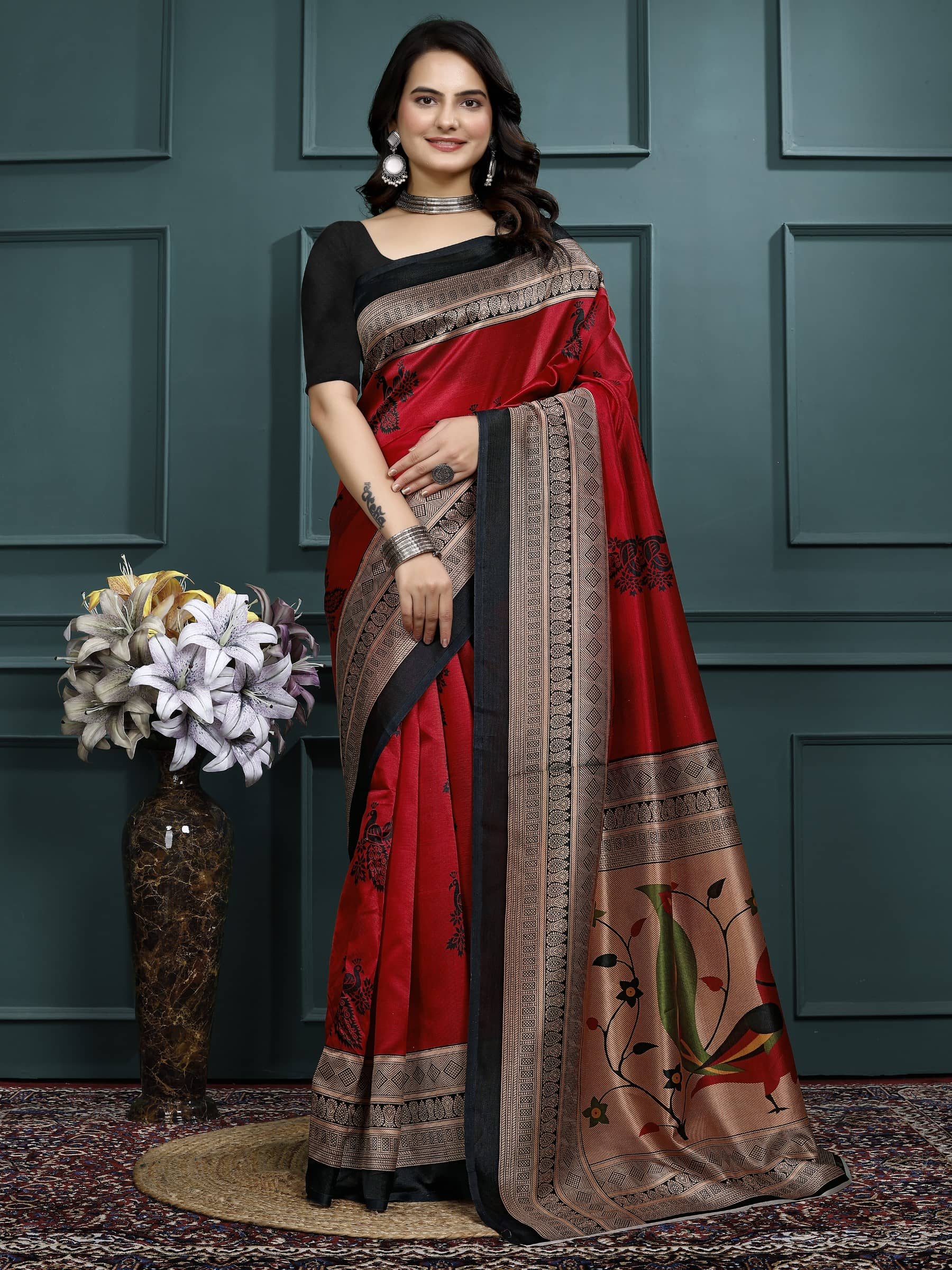 Kanooda Prints Art Silk Printed Saree With Unstitched Blouse Piece ( Black ) - Sarees | Buy online on ZillyBuy