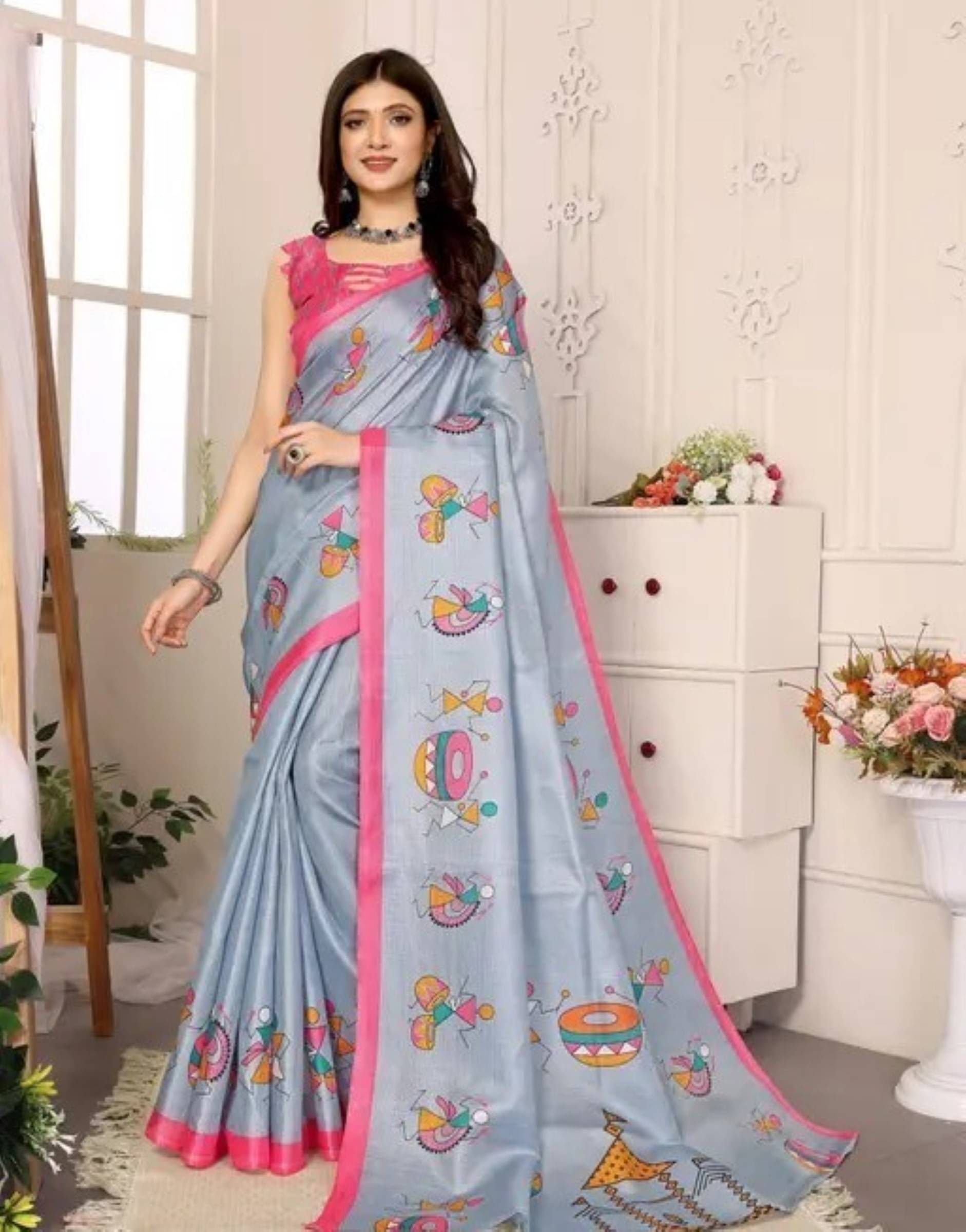     			Kanooda Prints Art Silk Printed Saree With Unstitched Blouse Piece ( Grey )