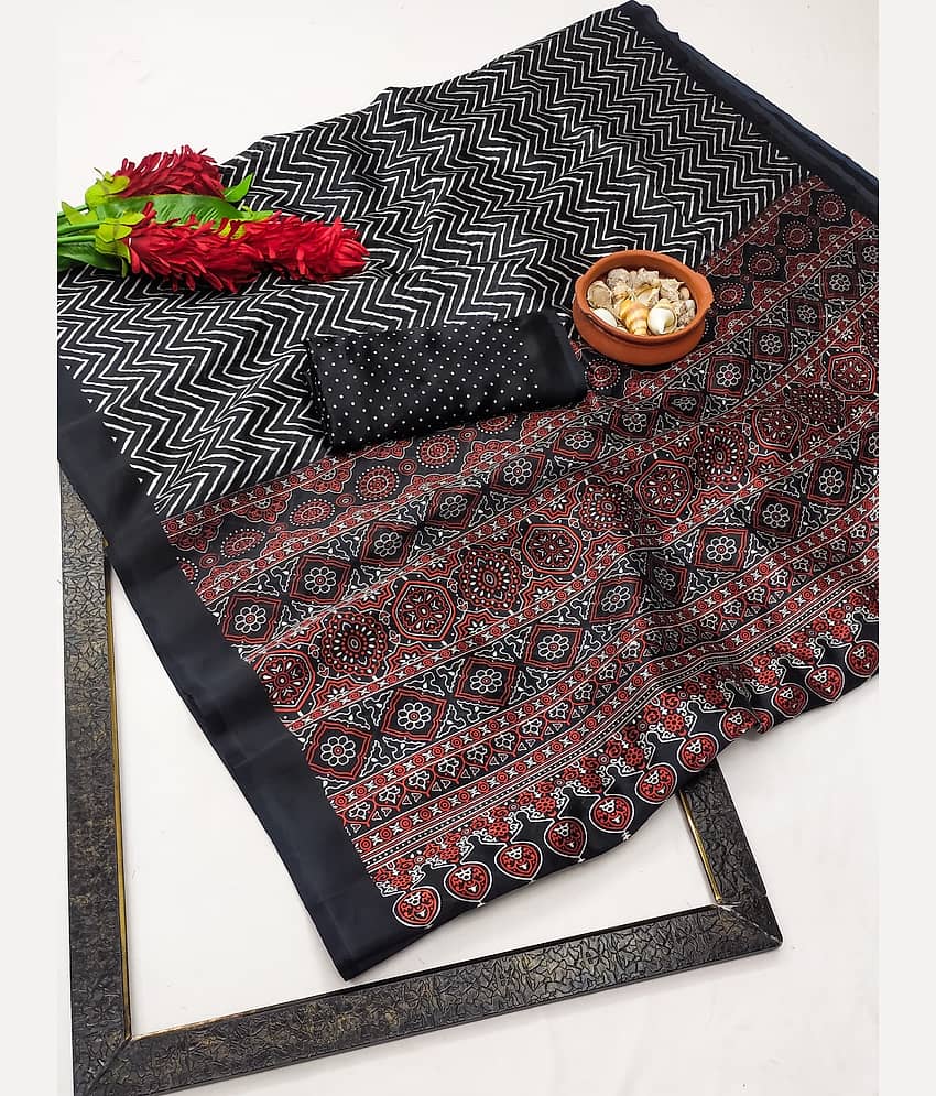 Kanooda Prints Art Silk Printed Saree With Unstitched Blouse Piece ( Black ) - Sarees | Buy online on ZillyBuy