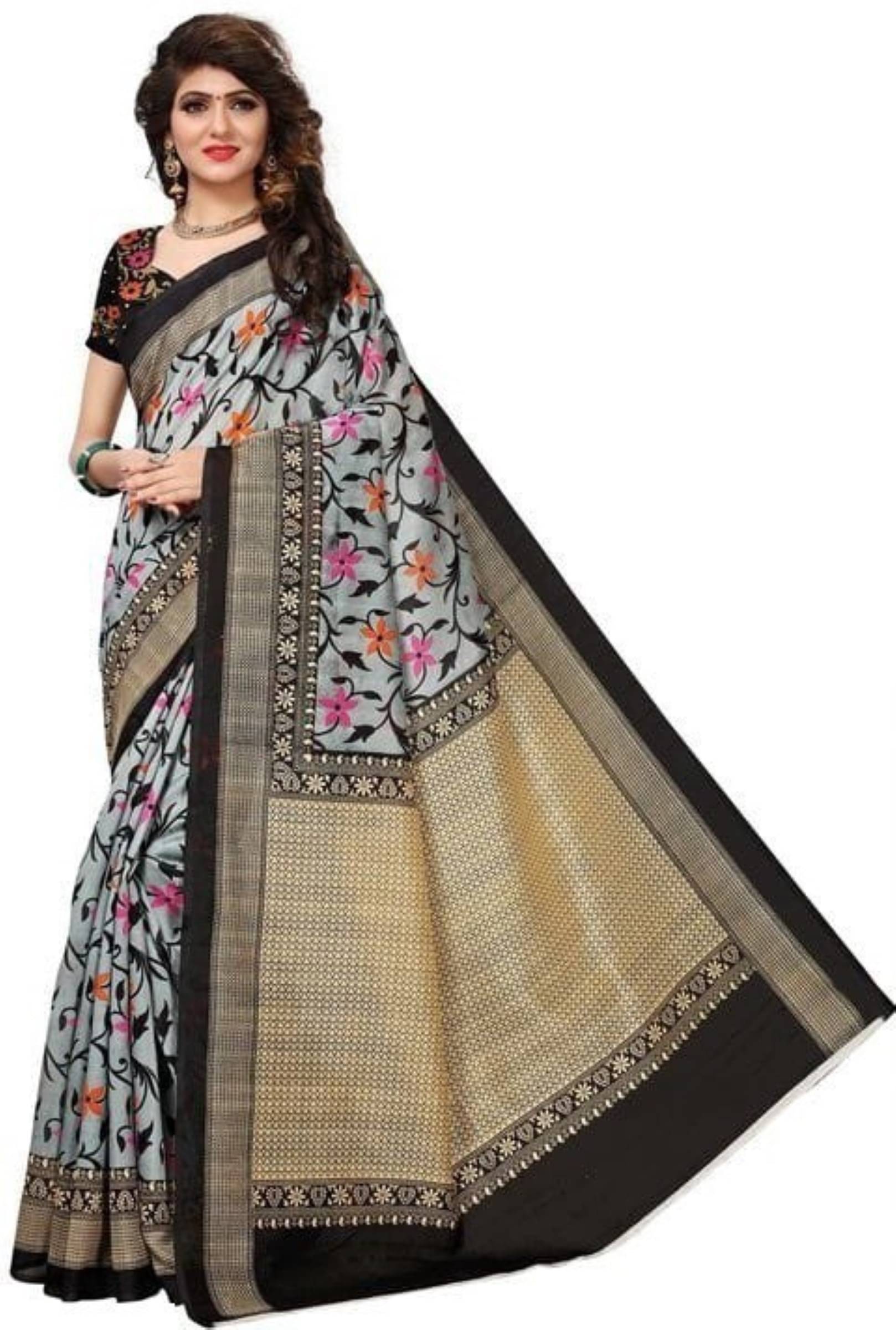 Kanooda Prints Art Silk Printed Saree With Unstitched Blouse Piece ( Black )     			Kanooda Prints Art Silk Printed Saree With Unstitched Blouse Piece ( Black )