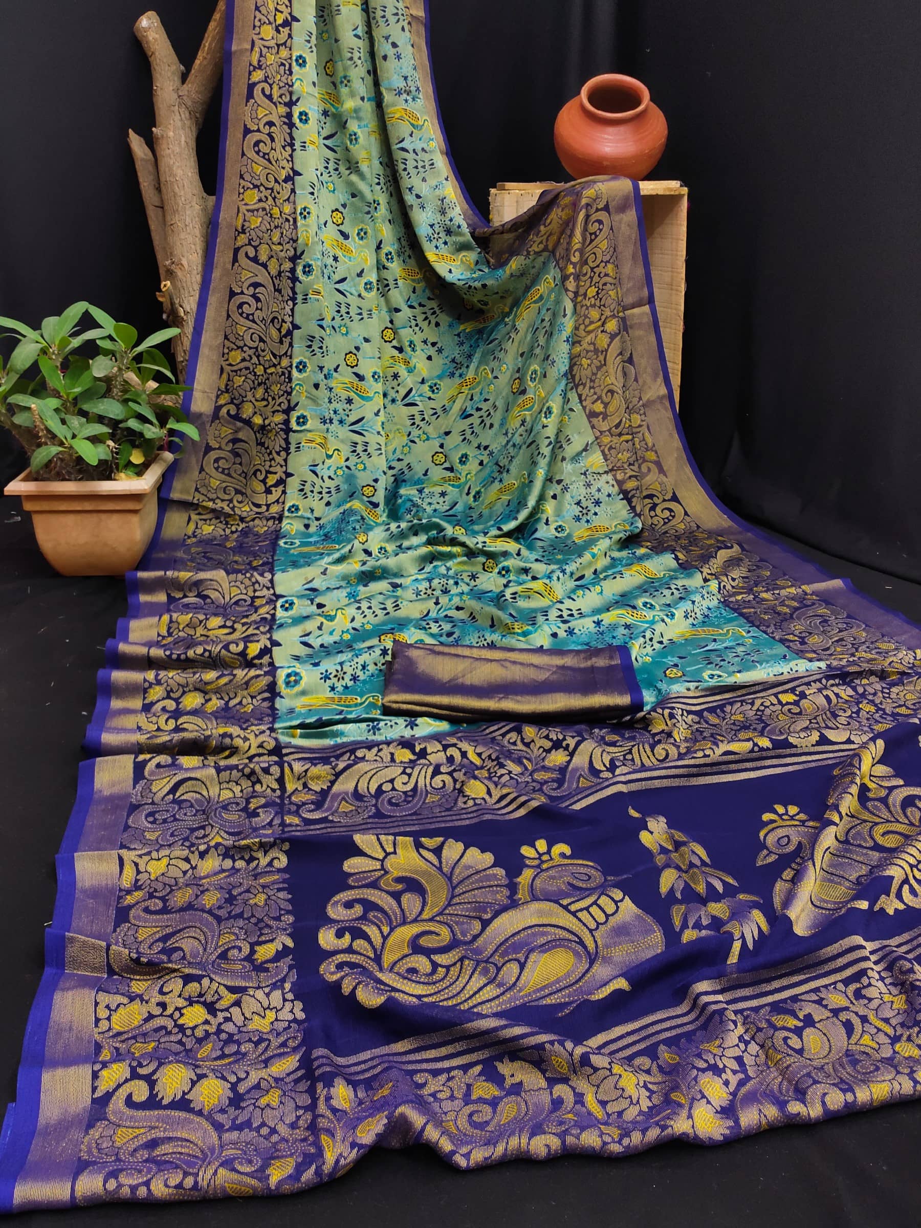 Kanooda Prints Brasso Printed Saree With Unstitched Blouse Piece ( Multicolor ) - Sarees | Buy online on ZillyBuy