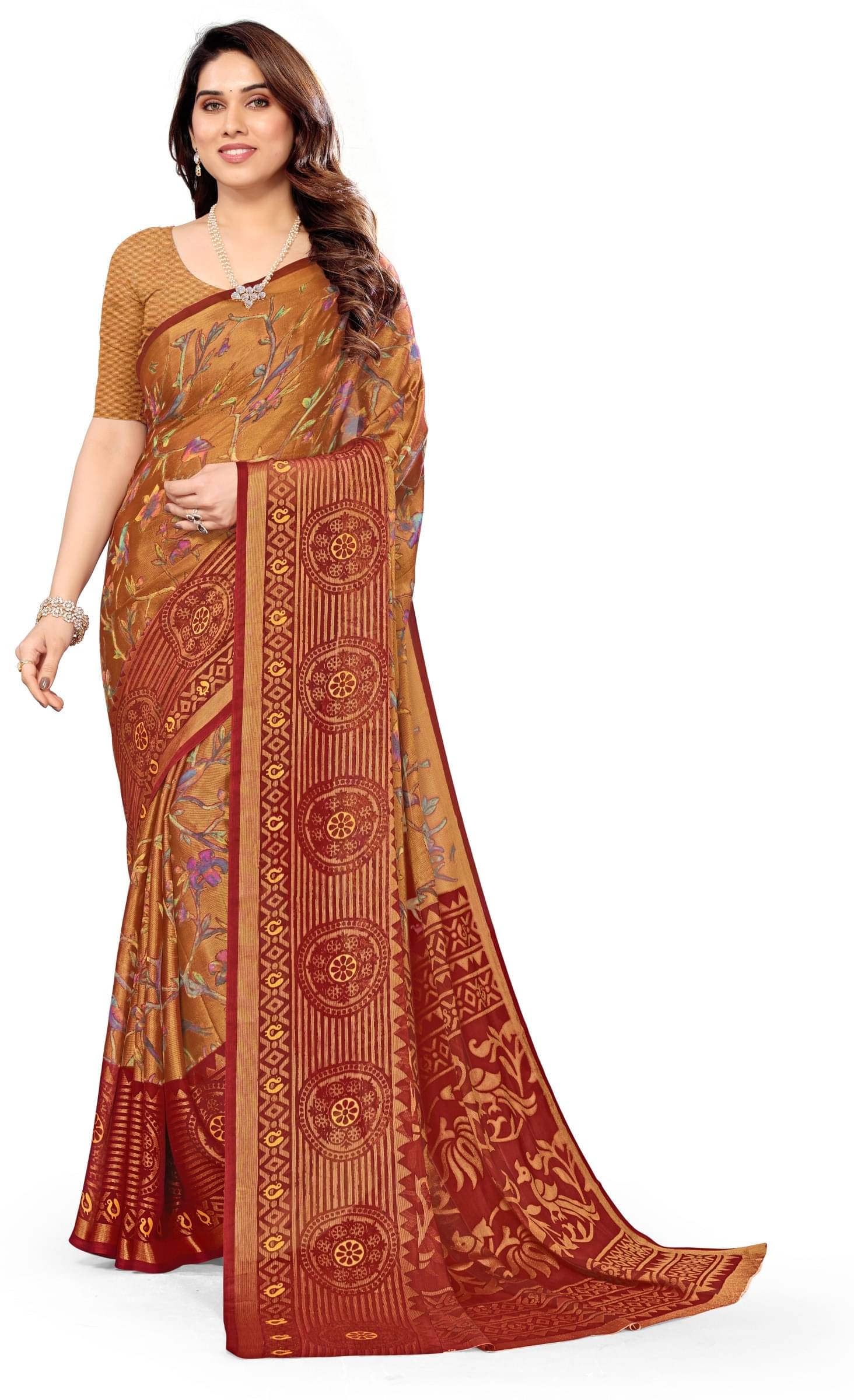 Kanooda Prints Brasso Self Design Saree With Unstitched Blouse Piece ( Maroon ) Kanooda Prints Brasso Self Design Saree With Unstitched Blouse Piece ( Maroon )