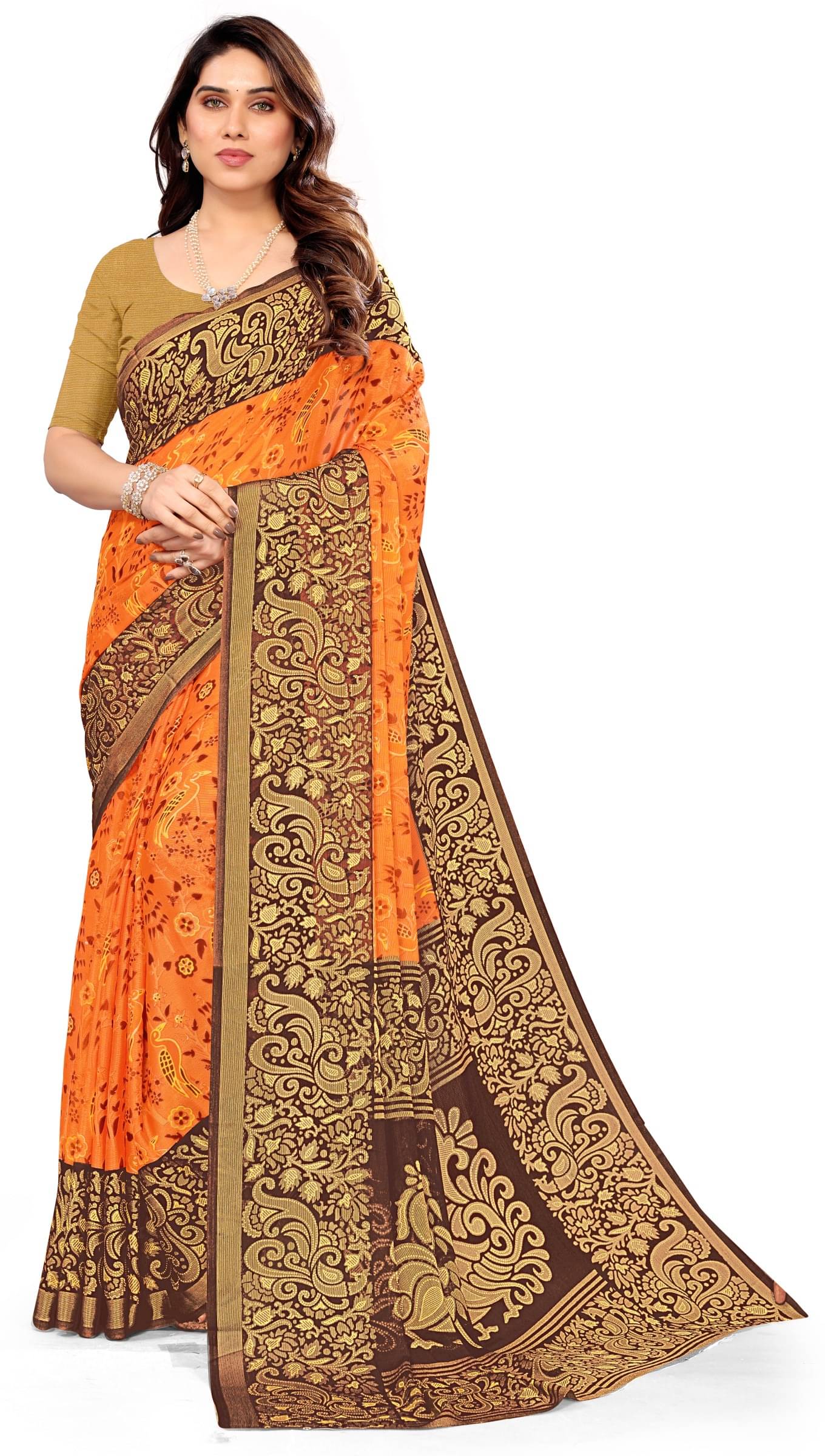 Kanooda Prints Brasso Woven Saree With Unstitched Blouse Piece ( Orange ) Kanooda Prints Brasso Woven Saree With Unstitched Blouse Piece ( Orange )